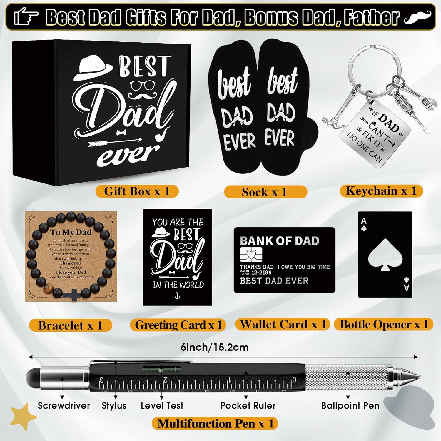 11 Pcs Best Dad Ever Gift, Father's Day Gifts, Dad Gifts for Men with 20 Oz Tumbler Socks Baseball Cap Tape Measure Bracelet Wallet Card Keychain, Fathers Day Birthday Christmas Gift for Dad Husband - Image 4