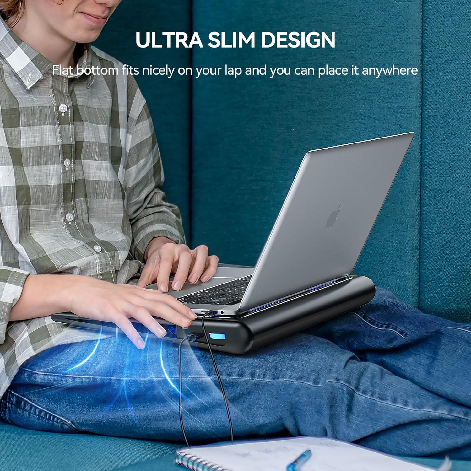 TECKNET Laptop Cooling Pad - 12"-15.6" Laptops Cooler, Powerful Cooler and Ultra Quiet for Gaming Laptops Pad, 2 Wind Speed Adjustable, USB A & C Powered Cooler Stand with Laptop Fan LED (Blue) - Image 7