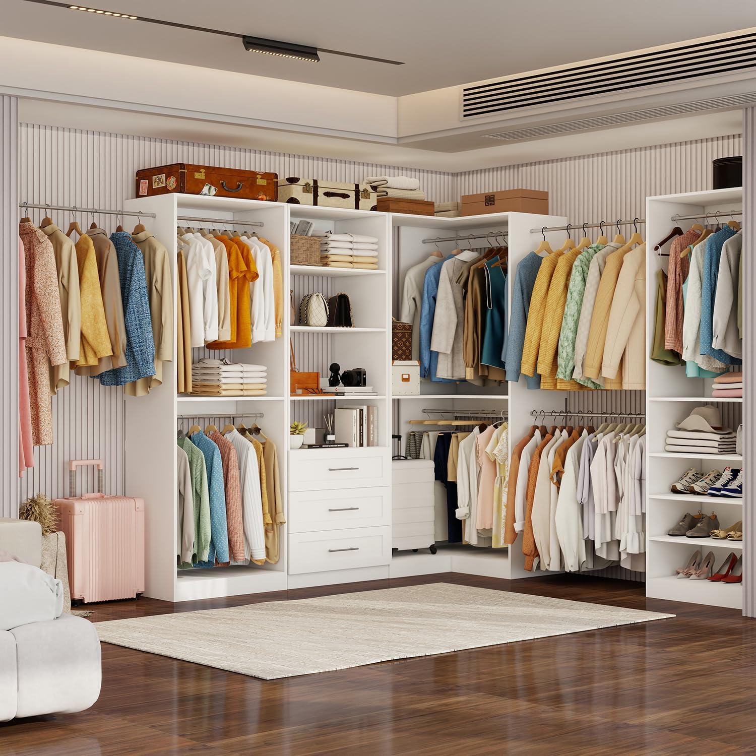 Closet Organizer System of 4 Sets with 3 Drawers, 9 Hanging Rods & 8 Shelves, 157" Walk in Closet System, Corner Closet Organizer, Modular Standalone Closet, White - Image 7