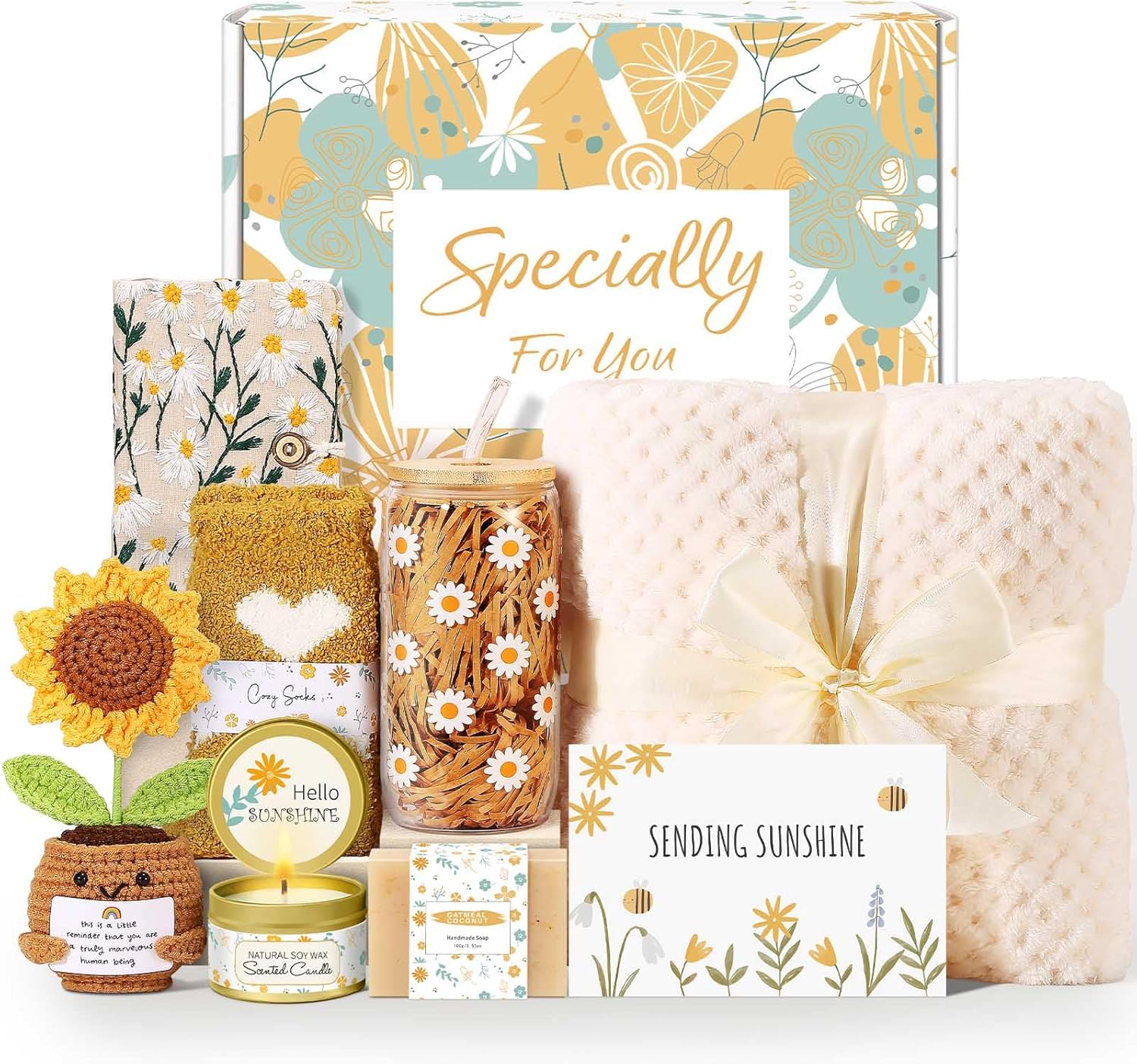 Self Care Gifts for Women Gift Baskets,Sending Sunshine Thinking of You Care Package Spa Gift Sets, Birthday Christmas Gifts for Women Best Friends Mom Sister Wife Grandma Her - Ivory