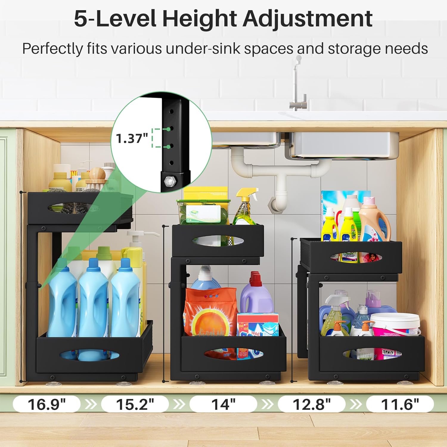 Under Sink Organizer, 2 Tier Pull out Cabinet Organizer Baskets with Mesh Sliding Drawers, Slide out Storage Shelf for Home, Kitchen, Bathroom, Pantry, Office Cabinet, Countertop(1 Pack) - Image 4