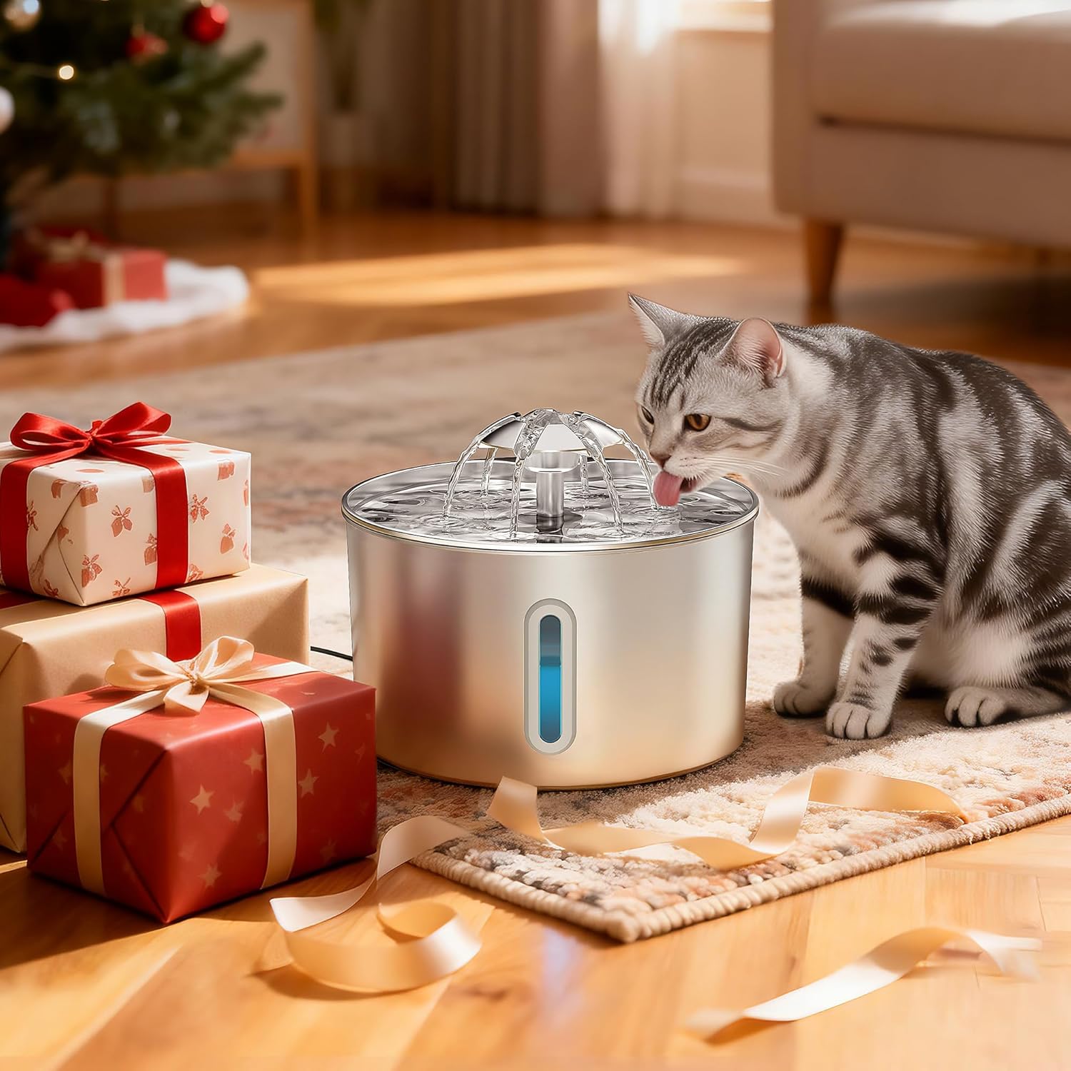 Cat Water Fountain Stainless Steel - 74oz/2.2L Pet Gift Dog Water Dispenser Automatic Silent Cats Dispenser for Drinking Indoor Metal Kitty Spout Fountains with 3 Filters & 3 Sponges Cat Dogs Gifts - Image 5
