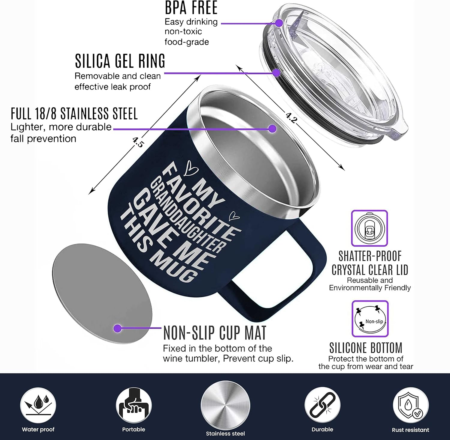 Gifts for Grandpa from Grandaughter, Grandson, Kids on Fathers Day, Christmas, Birthday - Funny Coffee Mug Gifts for Grandparents - Grandparents Insulated Stainless Steel Mug 14oz Navy - Image 3