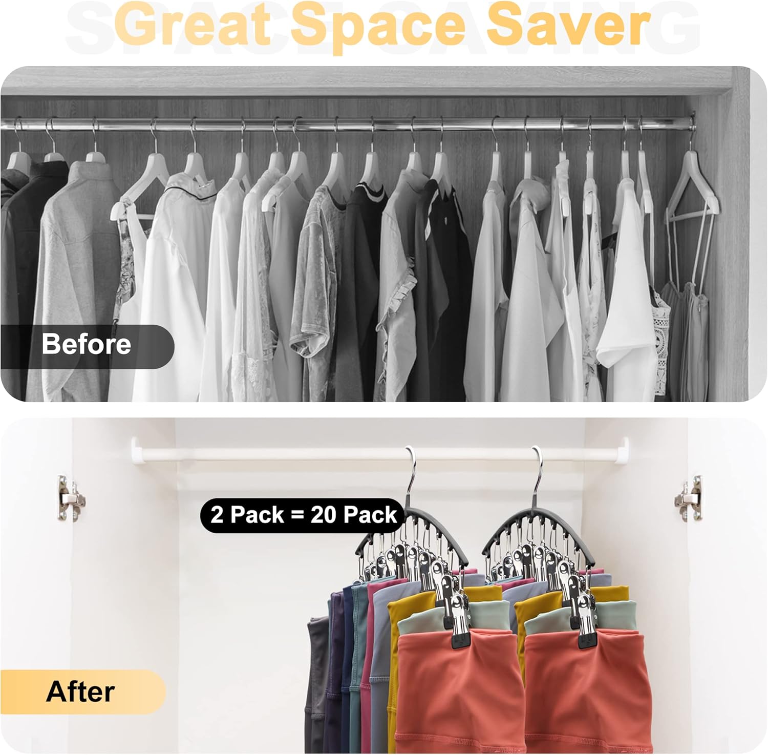 Legging Organizer for Closet, Metal Yoga Pants Hangers 2 Pack w/10 Clips Holds 20 Leggings, Space Saving Hanging Closet Organizer w/Rubber Coated Closet Organizers and Storage, Black - Image 3
