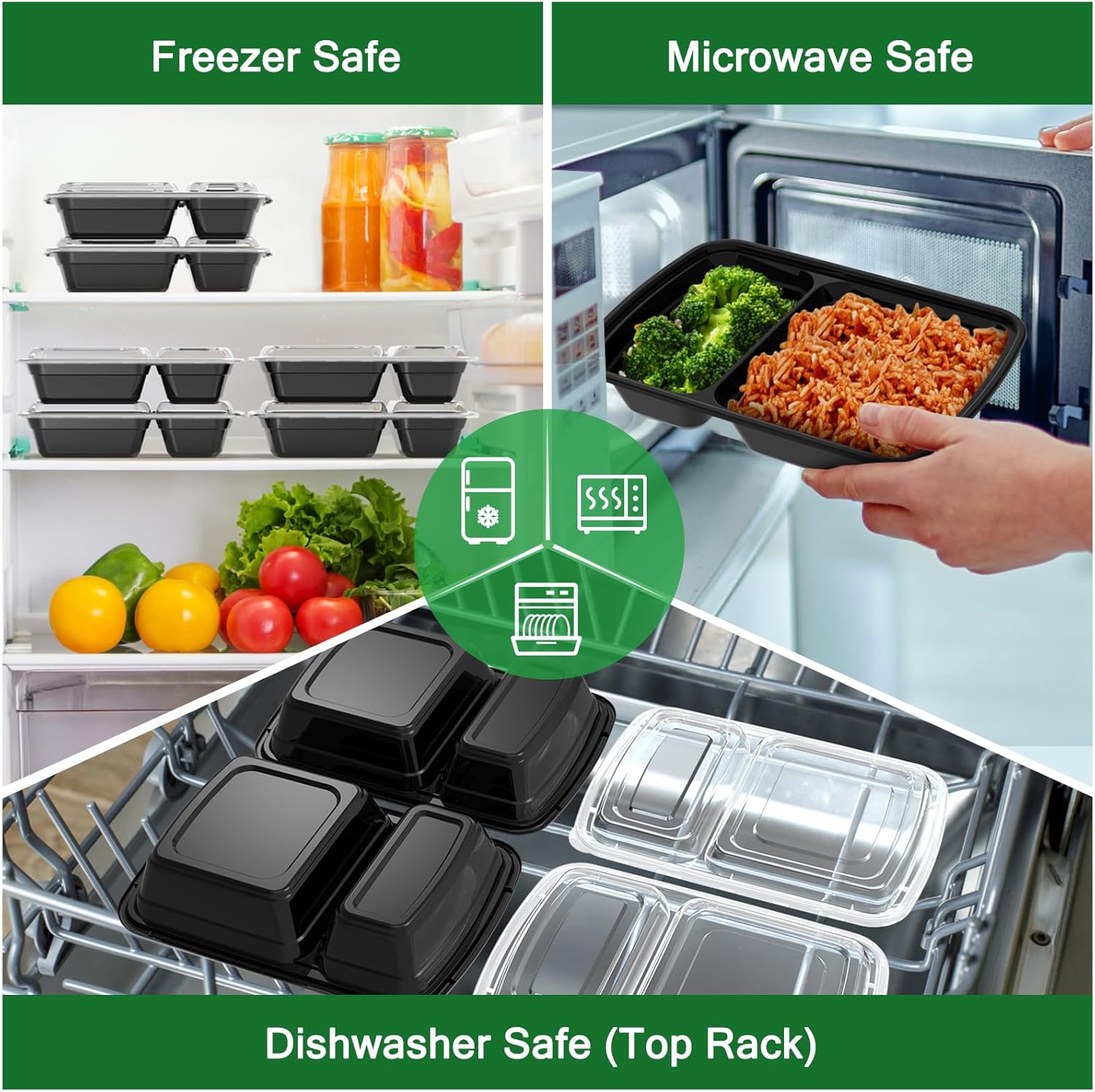 Dealusy 50 Pack (100-Piece) 28 oz Meal Prep Containers Reusable with Lids 2-Compartment, Sturdy Leakproof Food Safe, Microwave Freezer Dishwasher Safe, To Go Take Out Plastic Food Storage, Black - Image 5
