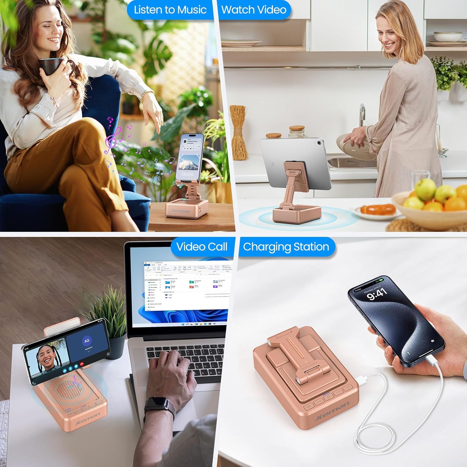 JTEMAN Cell Phone Stand with Bluetooth Speaker,HD Sound Adjustable Phone Holder,Birthday Gifts for Men Women, Cool Tech Kitchen Gadgets for Most Phones and Tablets-Rose Gold - Image 5