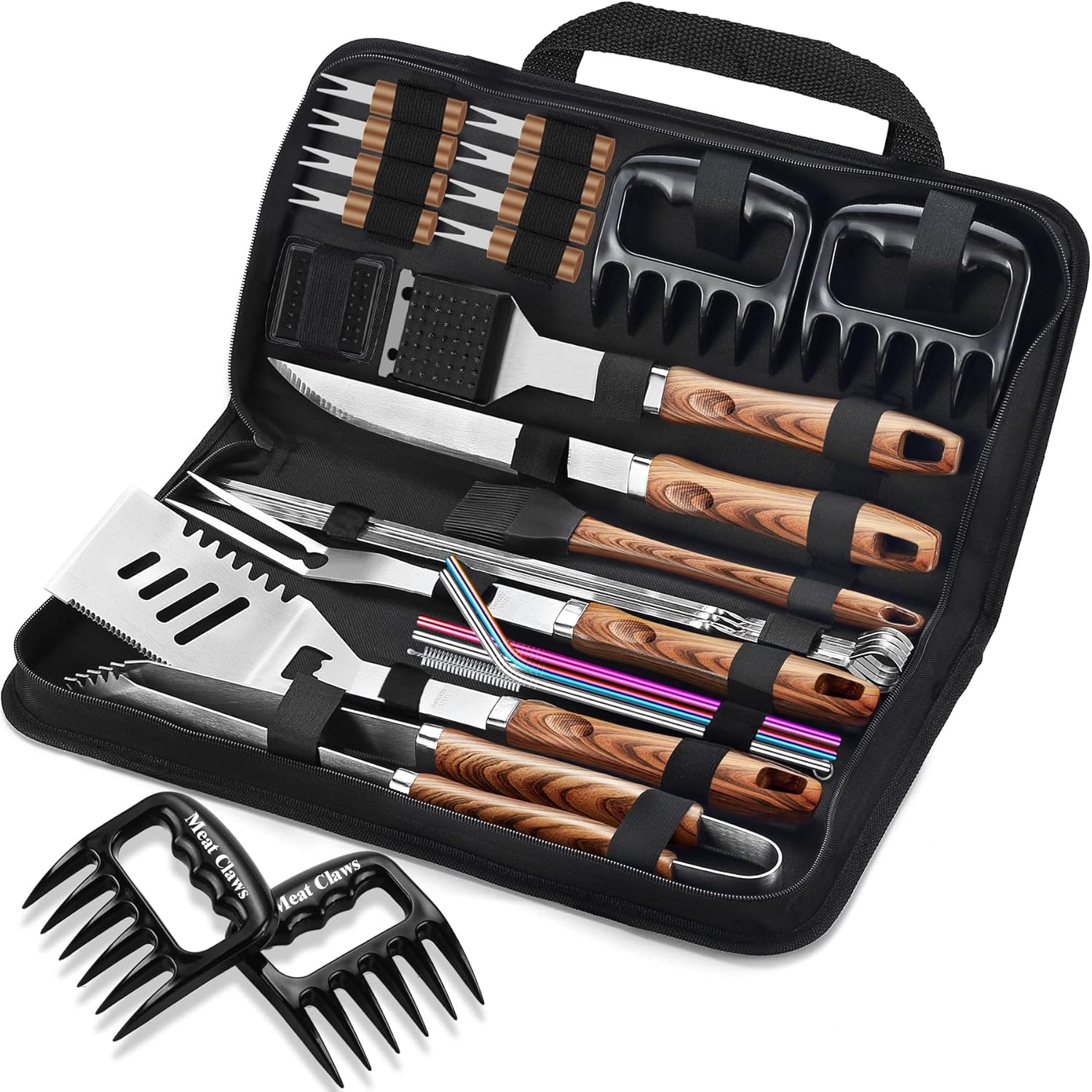 ROMANTICIST 27pcs Heavy Duty Grilling Gifts for Men Dad Fathers Day, Extra Thick BBQ Accessories Tools Set, Stainless Steel Grill Utensils Kit with Meat Claws,Canvas Bag for Outdoor Camping Brown