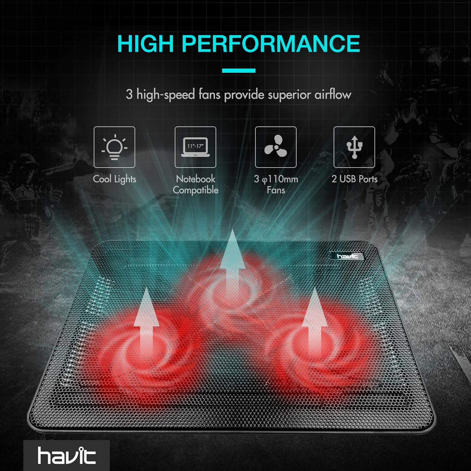 Havit HV-F2056 15.6-17 Inch Laptop Cooler Cooling Pad - Slim Portable USB Powered (3 Fans) (Black+Red) - Image 7