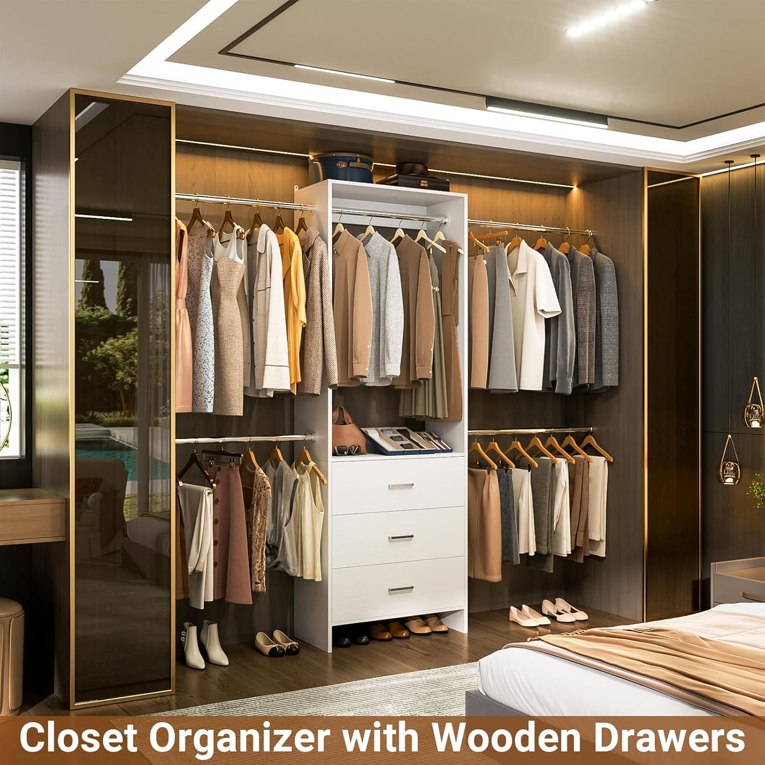 Aheaplus Closet System, Closet Organizer with 3 Wooden Drawers, Closet Organizer System, Walk-in Closet Wardrobe Clothes Rack with 4 Hanging Rods, Garment Rack, -4R, White - Image 2