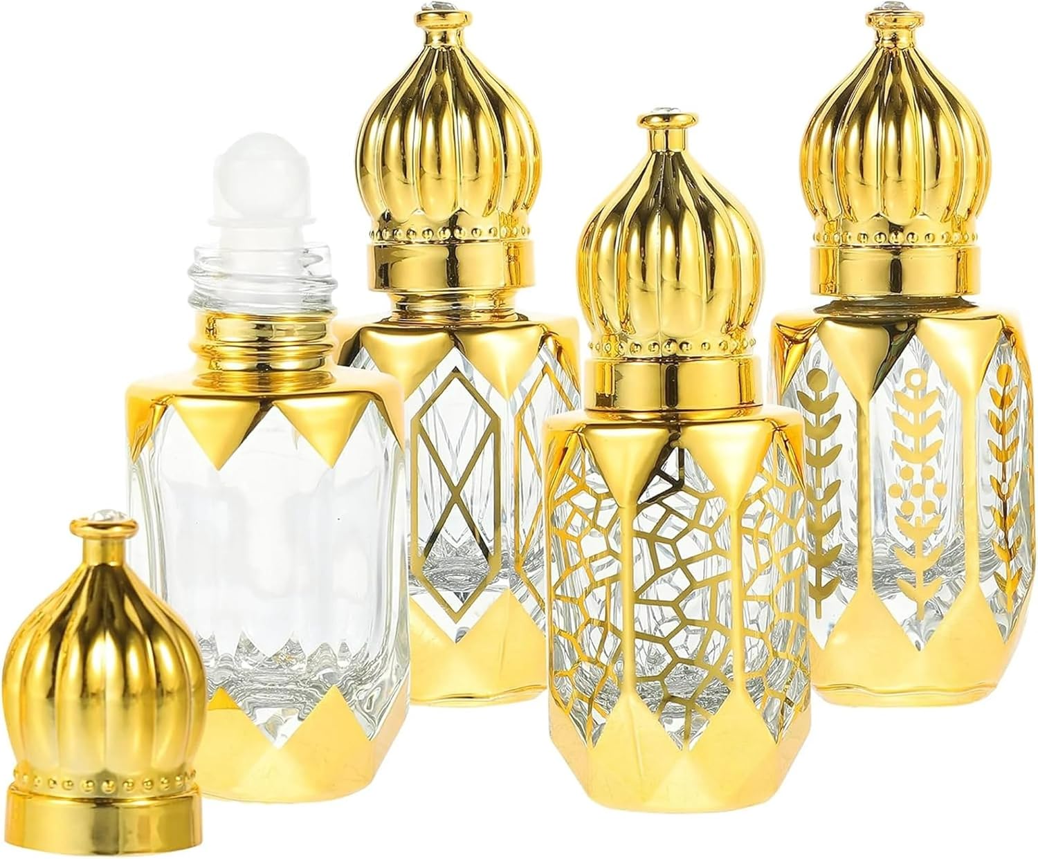4PCS Mini Arabic Crystal Glass Roller Bottles 6ml Tiny Refillable Essential Oil Roll On Bottles Gold Empty Travel Perfume Sample Container