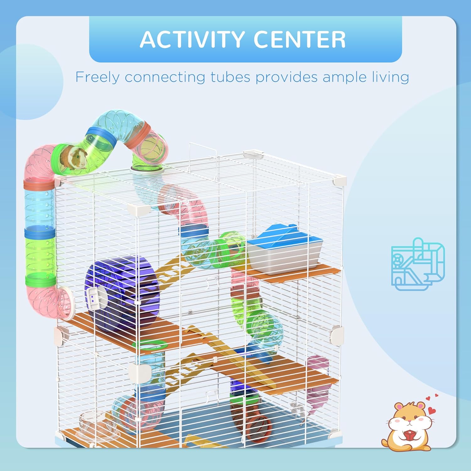 PawHut 18" 5 Tier Hamster Cage with Tubes and Tunnels, Small Animal Cage with Portable Carry Handle, Gerbil Cage with Water Bottle, Food Dish, Exercise Wheel, Light Blue - Image 3
