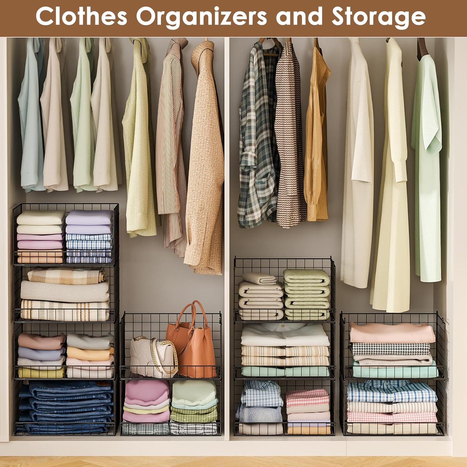 Yociyoga 4-Tier Stackable Closet Organizers and Storage Shelves, Clothes Shelf Organizer Basket Bins, Foldable Sweater Storage for Closet Organizer System, Black (Patent Pending) - Image 8