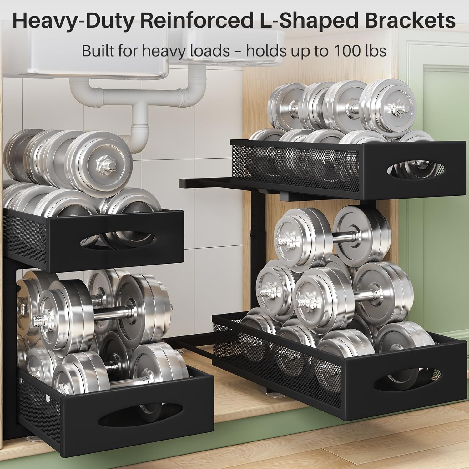 Under Sink Organizer, 2 Tier Pull out Cabinet Organizer Baskets with Mesh Sliding Drawers, Slide out Storage Shelf for Home, Kitchen, Bathroom, Pantry, Office Cabinet, Countertop(1 Pack) - Image 5