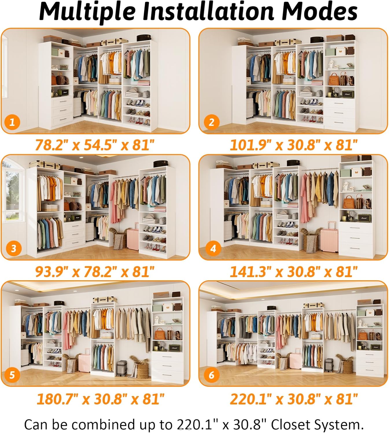 Closet Organizer System of 4 Sets with 3 Drawers, 9 Hanging Rods & 8 Shelves, 157" Walk in Closet System, Corner Closet Organizer, Modular Standalone Closet, White - Image 6