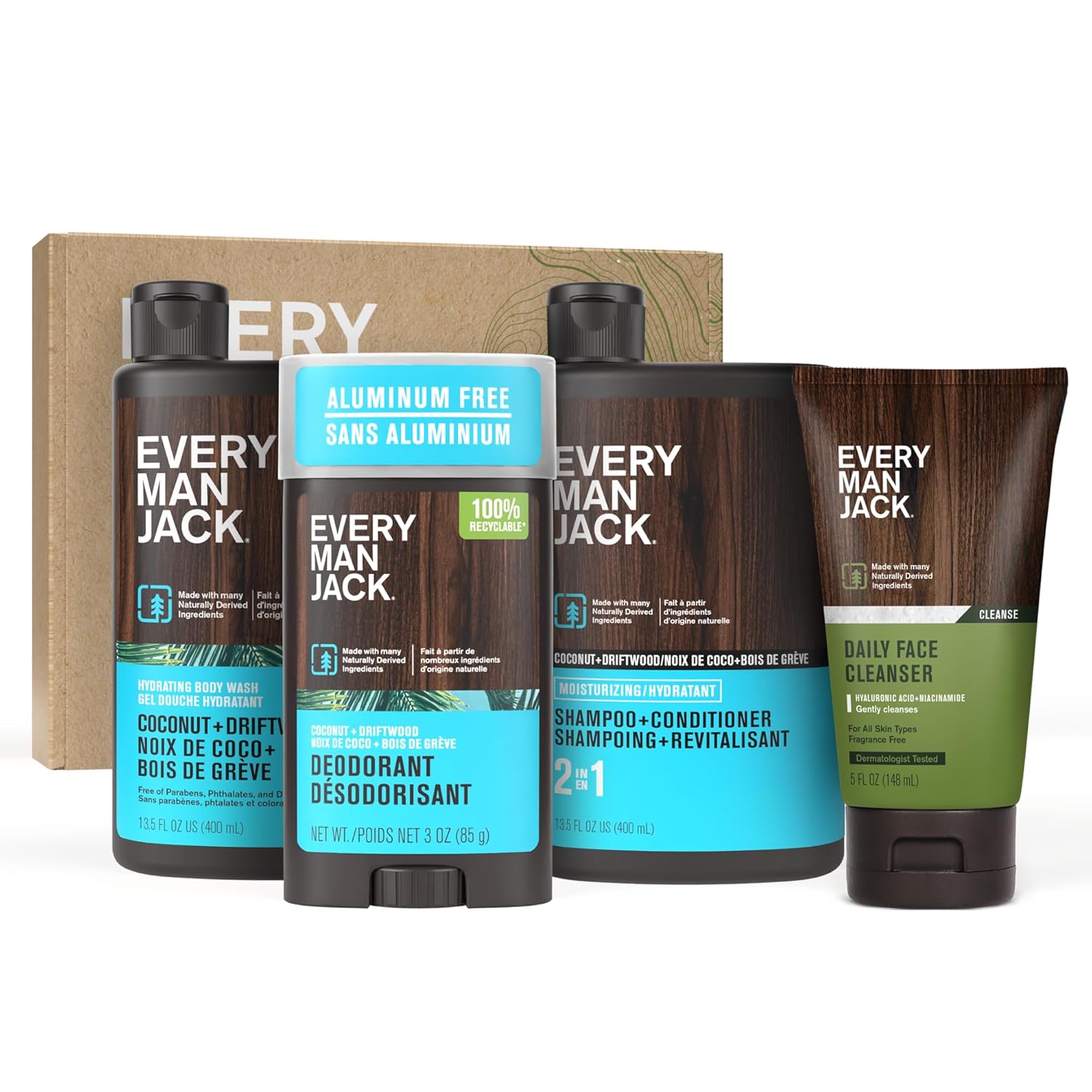 Every Man Jack Men's Bath and Body Gift Set - Coconut + Driftwood Scent - Clean Ingredients - Includes Hydrating Body Wash, 2-in-1 Shampoo, Aluminum-free Deodorant & Face Wash
