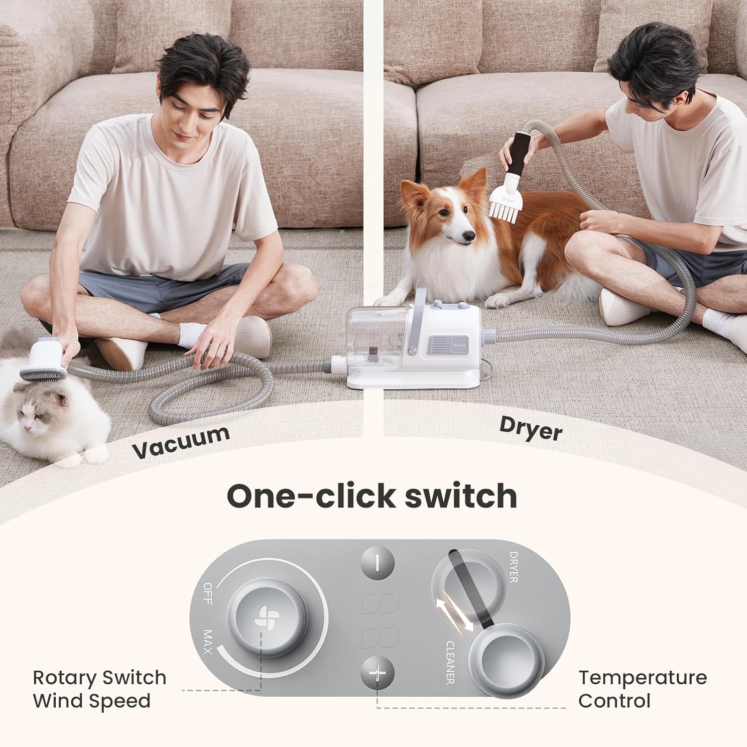 Pecute Dog Grooming Vacuum & Dryer, 7-in-1 Pet Grooming Kit with Clipper, 10000Pa Dog Vacuum for Shedding Grooming, Adjustable Speed & Temp, 55dB Low Noise,1.7L Dust Cup - Image 4