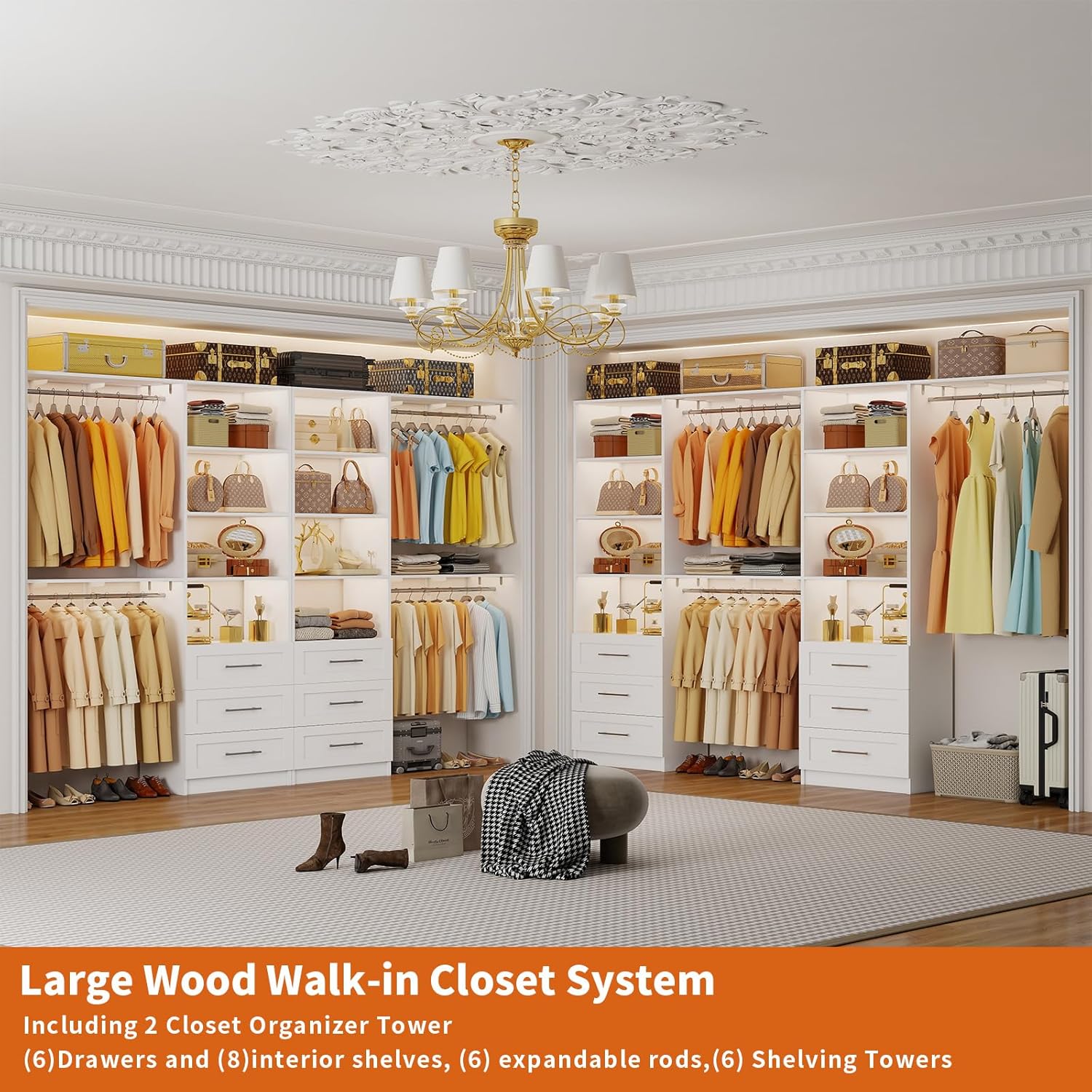 Closet System with 6 Drawers, 6-13FT Custom Closet Organizer System with 6 Hanging Rods &Adjustable Shelves , Wood Closet System Kit for Walk in Closets, Modular Closet Organizer System, 2 Sets,White, - Image 3