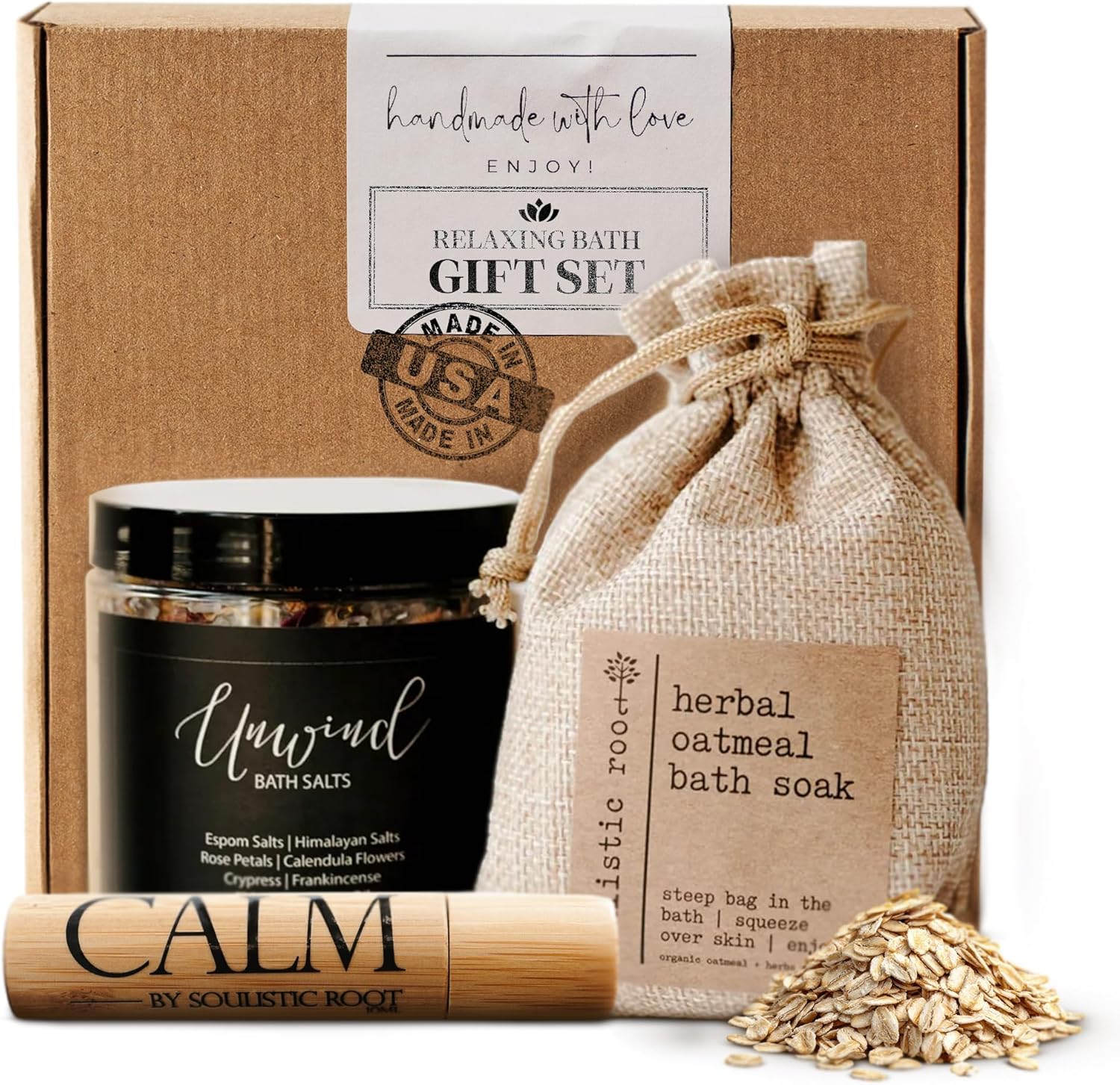 SOULISTIC ROOT Revitalizing Bath Gift - Premium Self-Care Bath & Body Set with Lavender Oatmeal Soak, Tranquil Essential Oil Roller, Epsom Salt Soak, Home Spa Kit, Ready-to-Gift Box