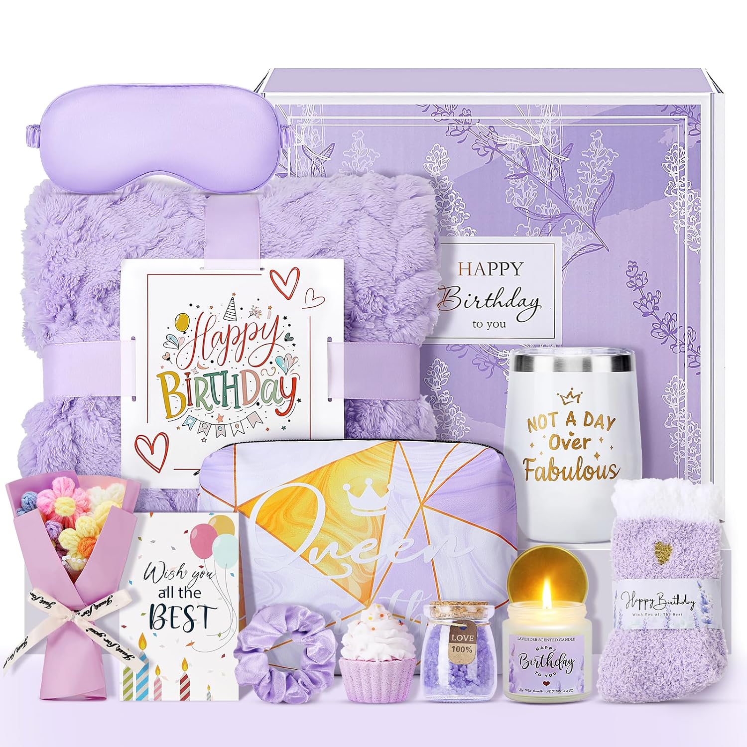 Birthday Gifts for Women, 13PCS Unique Happy Birthday Gifts Basket for Mom Her Best Friend Sister Wife Girlfriend Coworker Bestie, Luxury Self Care Box Relaxing Spa Gifts Set (Lavender)