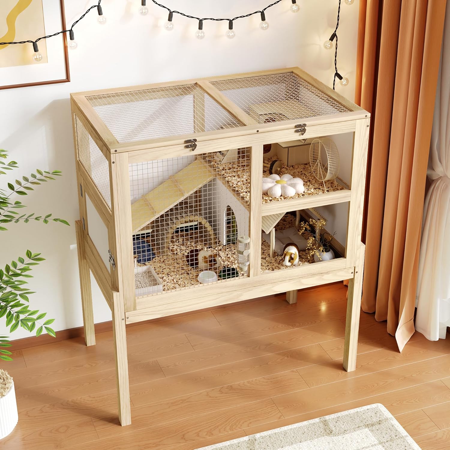 Guinea Pig Cages for 2, Small Animals Rabbit Cages with a Pull Out Tray, Large Wooden Indoor 2-Story Hamster House, Guinea Pig Hideout Habitat Playpen with Ramp, Platform, Natural - Image 8