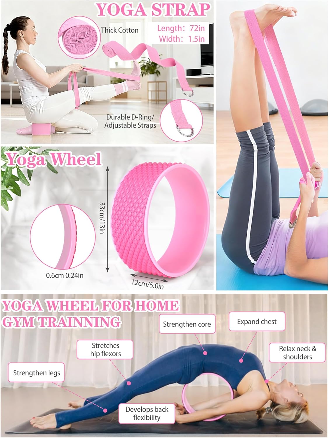 Gemscream 17 Pcs Yoga Essential Kit for Women, Pilates Equipment Starter Set for Beginners with Yoga Wheel Ball Blocks Strap Resistance Bands Wrist Rings Socks Towel & Carry Bag for Home Workouts - Image 3