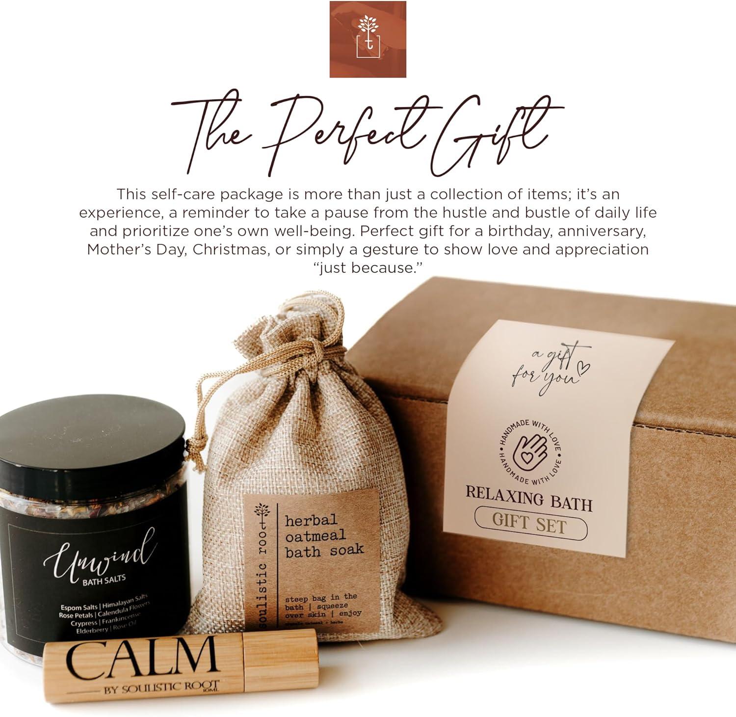 SOULISTIC ROOT Revitalizing Bath Gift - Premium Self-Care Bath & Body Set with Lavender Oatmeal Soak, Tranquil Essential Oil Roller, Epsom Salt Soak, Home Spa Kit, Ready-to-Gift Box - Image 6