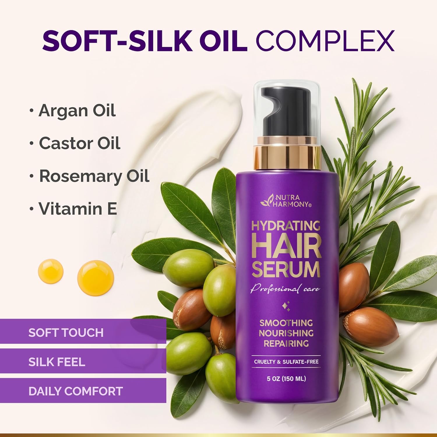 Hydrating Hair Serum for Dry & Frizzy Hair, Lightweight Leave-In Anti-Frizz Treatment, Non-Greasy Split Ends Repair with Keratin, Biotin, Castor & Rosemary Oils, Smooth Shine & Heat Protection, 5 oz - Image 5