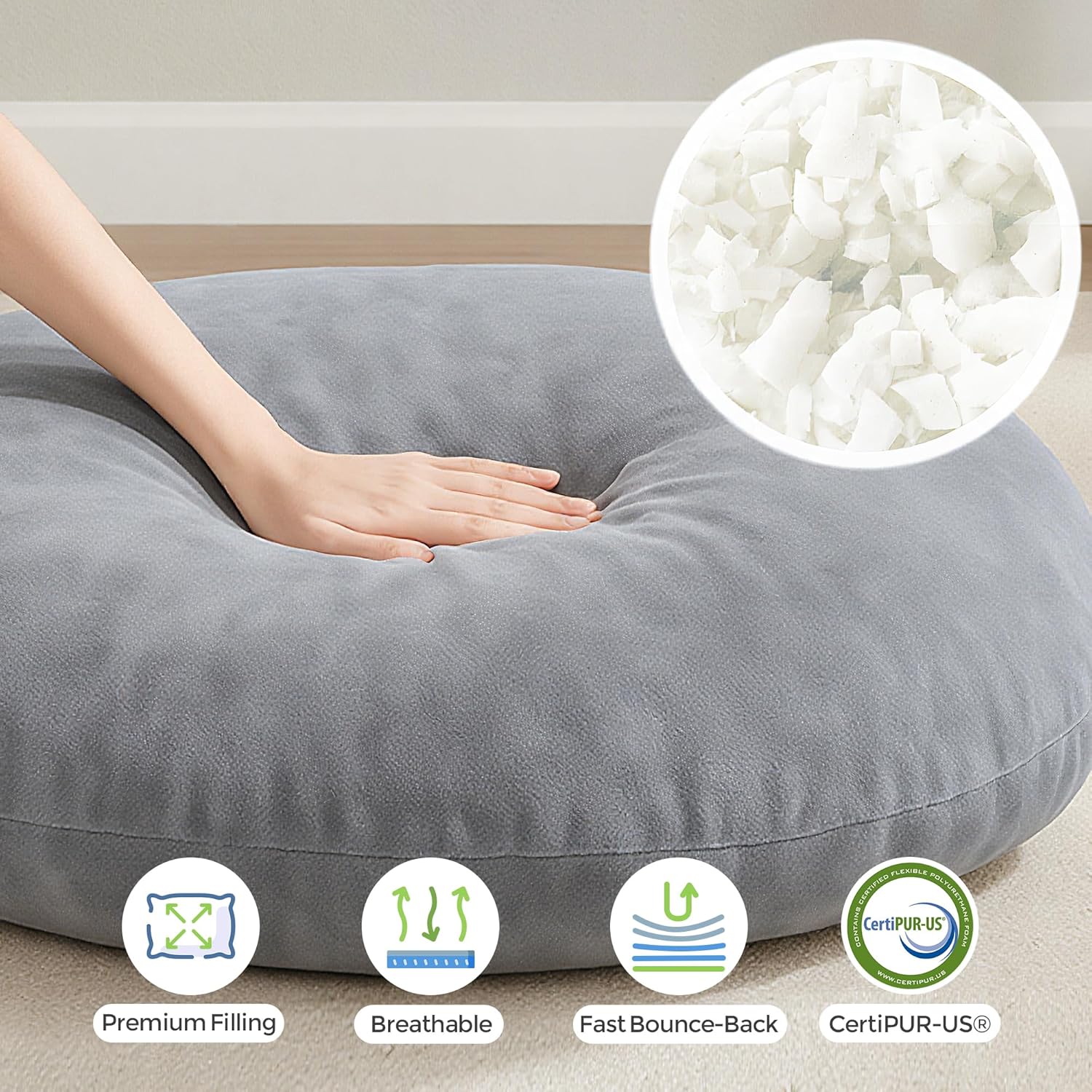 Codi Large Meditation Cushions – Round Floor Pillows for Adults with Removable Washable Cover, Soft and Supportive Floor Cushion for Yoga, Seating and Dog Bed, 32 inch - Grey - Image 2