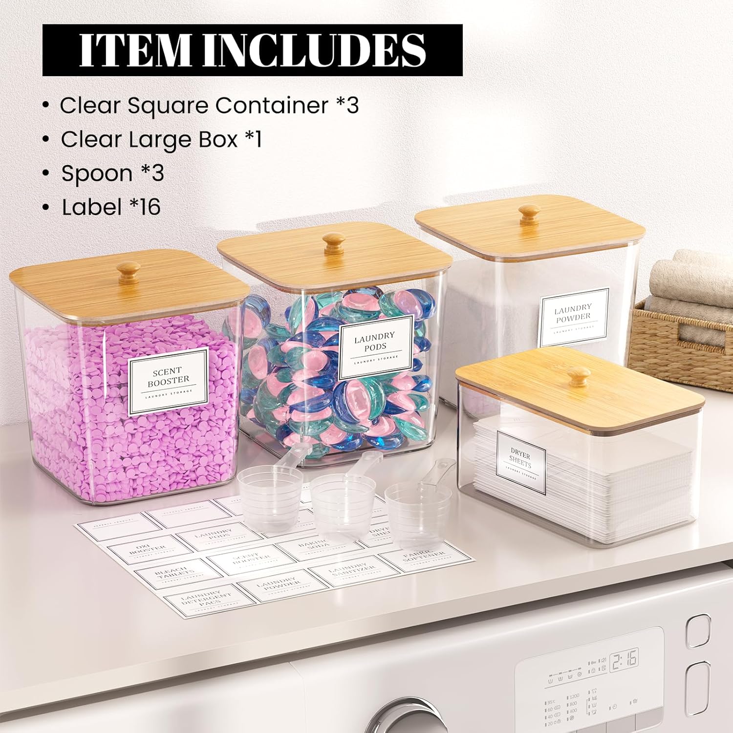 HomePekite Laundry Pods Storage Container, Clear Laundry Room Organization and Storage,Detergent Powder Container,with Wooden Lids & Labels, 3+1 Pack - Image 5