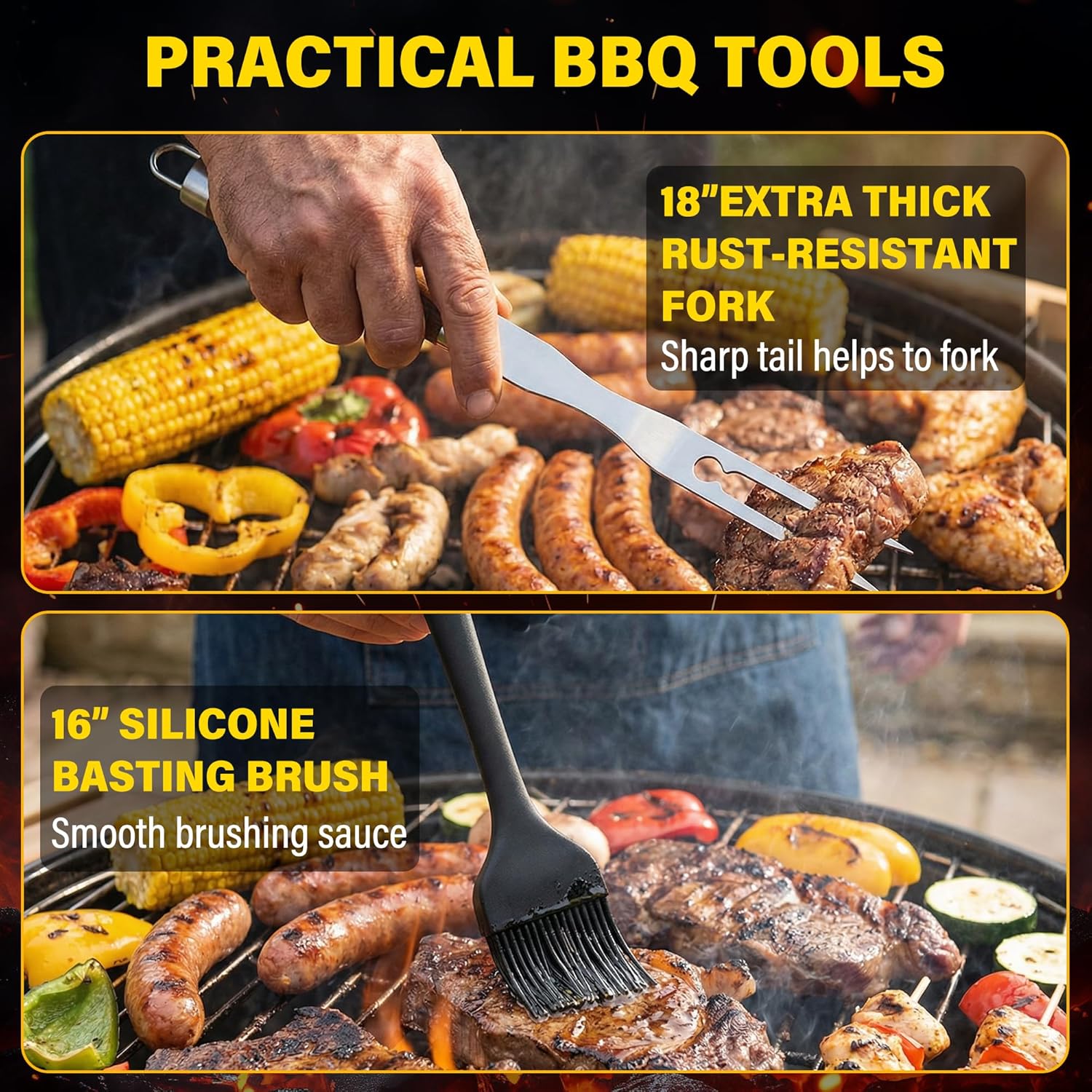 Yekale BBQ Grill Accessories Set, Grill Tools Grilling Accessories Grilling Gifts for Men - Spatula, Fork, Brush, Tongs & Cleaning Brush - Outdoor Barbecue Utensils Gifts for Men Dad Him (Wood) - Image 7