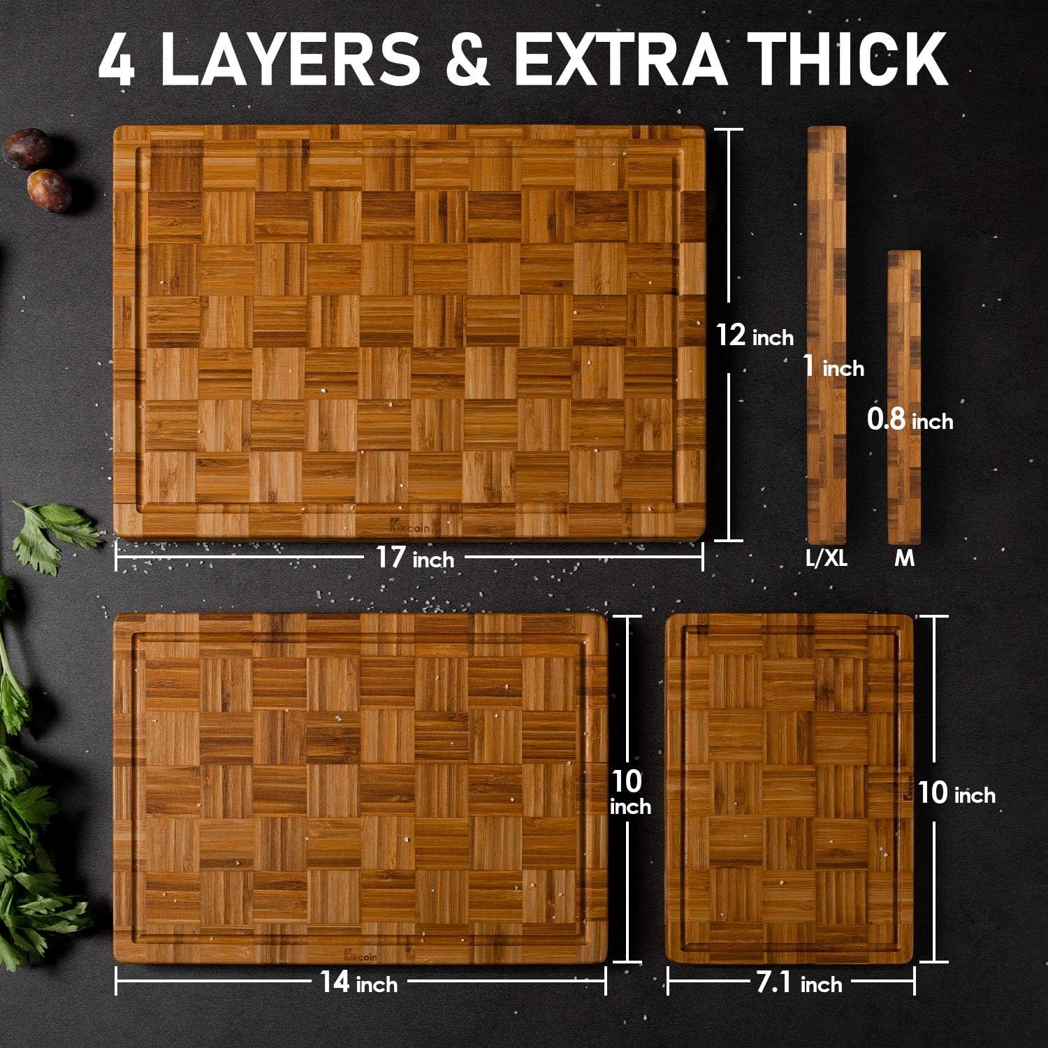 Kikcoin Extra Large Bamboo Cutting Boards, (Set of 3) Chopping Boards with Juice Groove Bamboo Wood Cutting Board Set Butcher Block for Kitchen, End Grain Serving Tray - Image 2