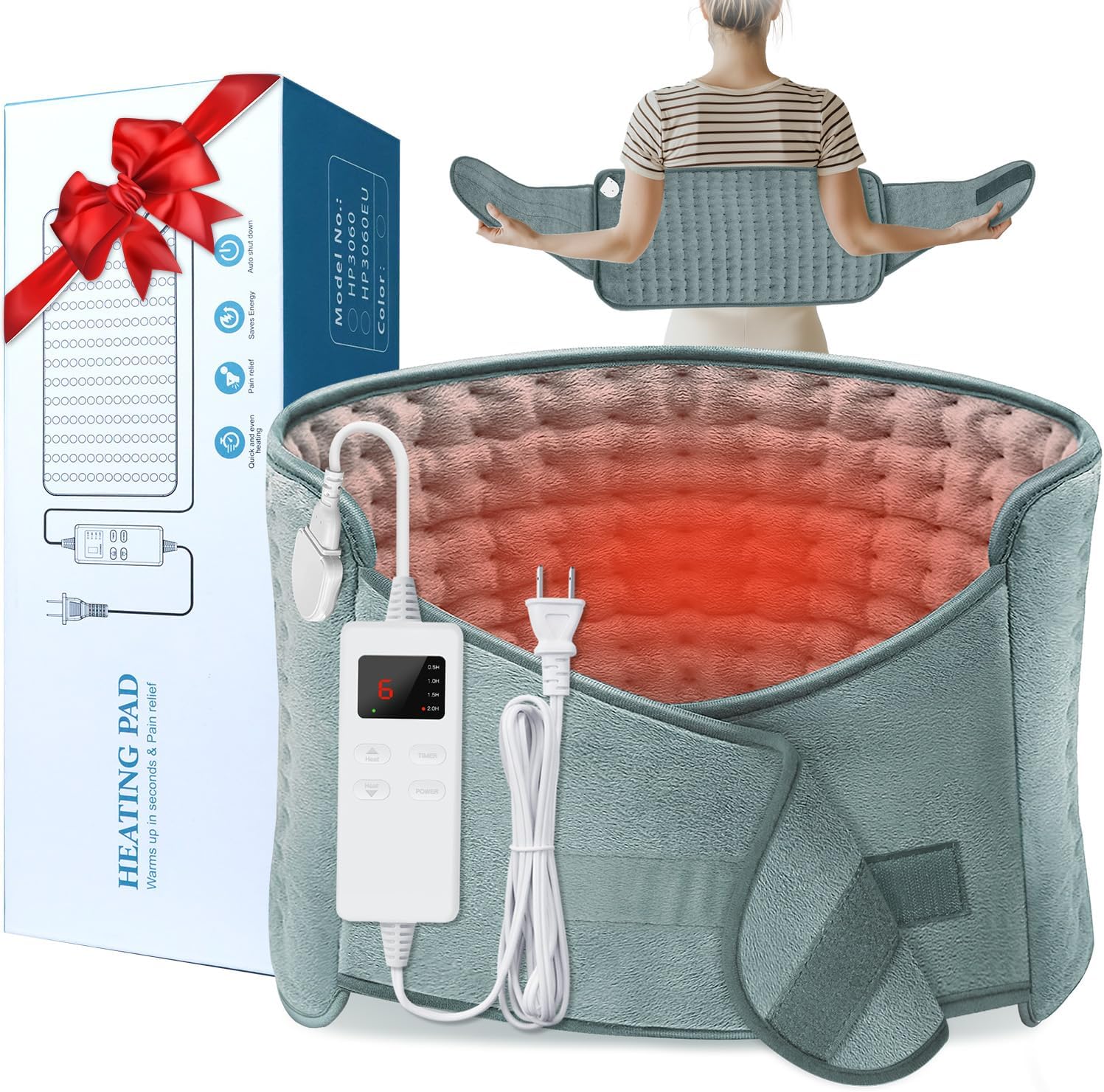 IGXHAVIZ Heating Pad for Back Pain Relief, Electric Heating Pad for Period Cramps Neck Shoulders with Belt, 4 Timer 6 Heat Setting & Auto Shut Off, 12"x24"+20" Large Moist Heat Pad for Mom,Dad