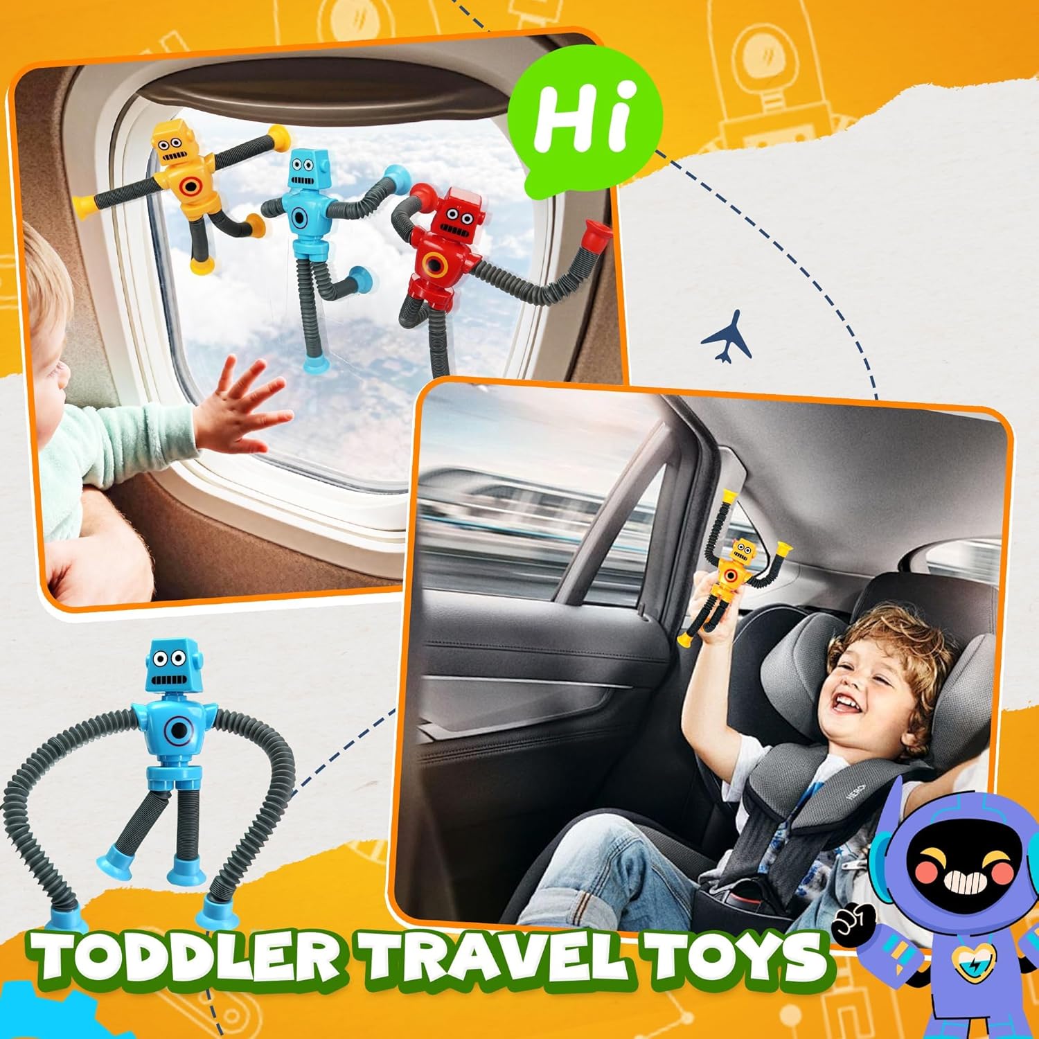 Easter Basket Stuffer Gift for Toddlers Boy Kid Year Old Age 3 4 5 6 7 8, Robot Sensory Travel Toy 4Pcs Airplane Autism Pop Tube Suction Fidget Toy Autistic Christmas Stocking Stuffers Valentines Day - Image 5