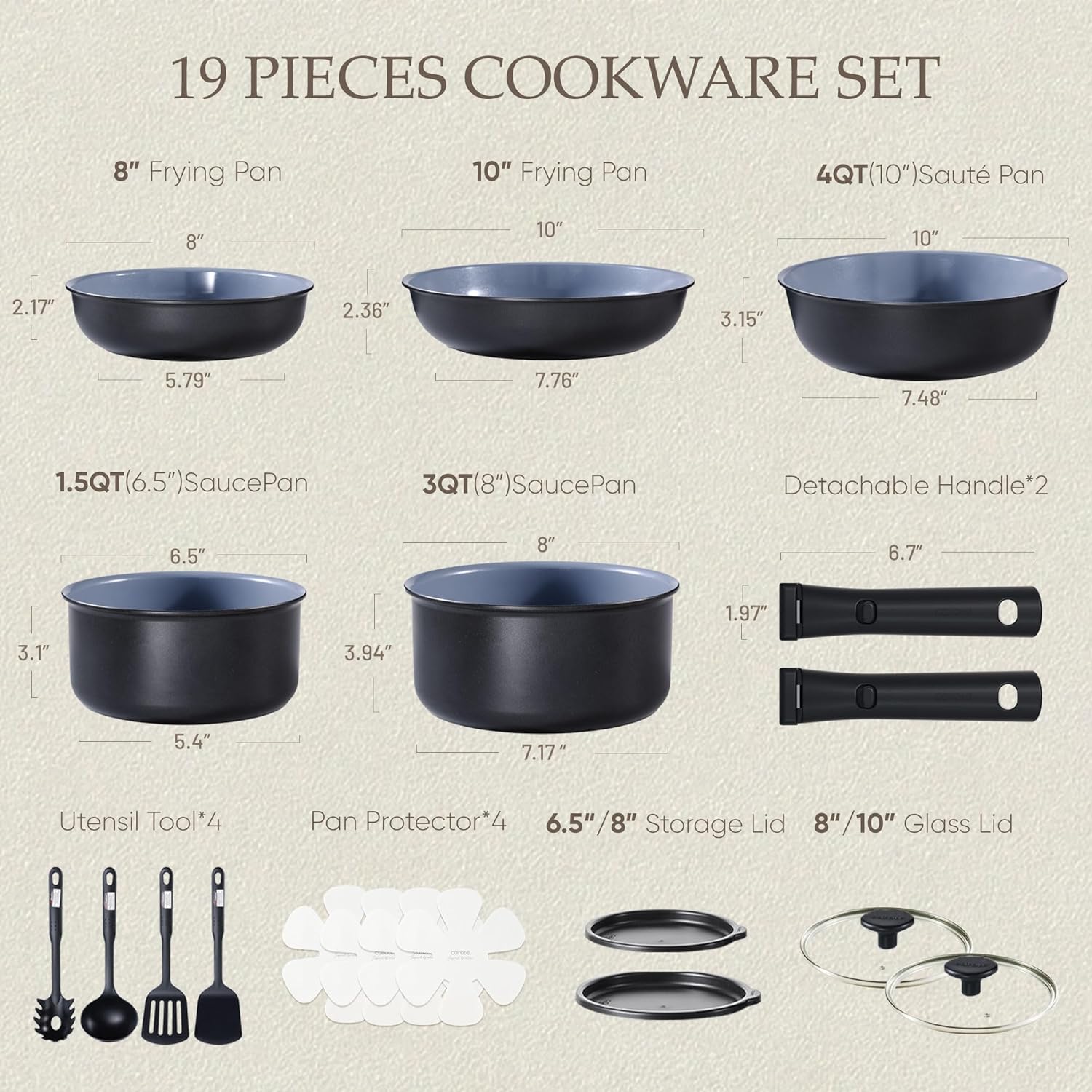 CAROTE 19PCS Ceramic Cookware Sets, Black and Gray, Pots and Pans Set Non Stick Non Toxic, Induction Cookware, Kitchen Cookware Sets, Pots Set for Healthy Cooking - Image 2
