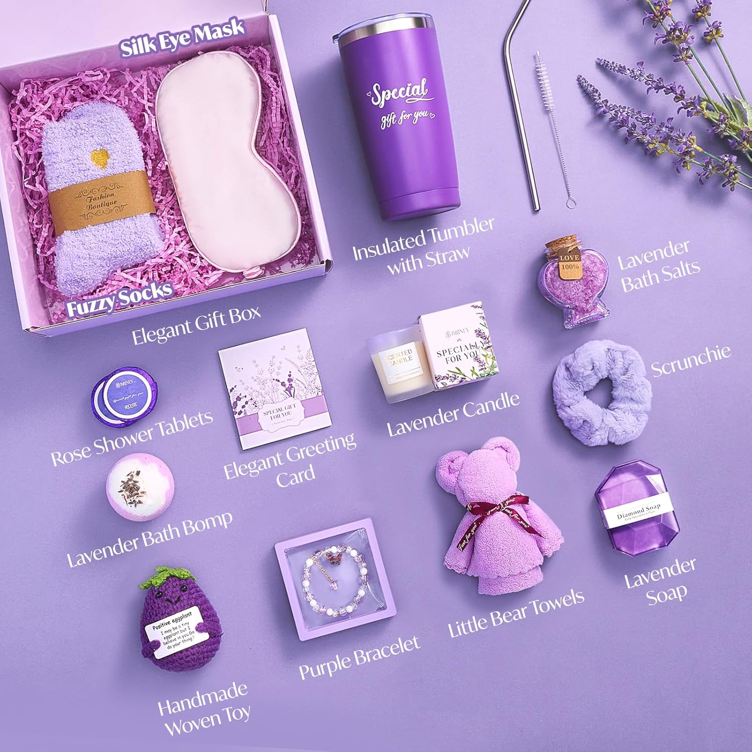 Briney Gift Baskets for Women, Mothers Day Gifts for Friends, Purple Birthday Valentines Women Day Easter Gifts Lavender Care Package Spa Basket for Girlfriend Wife Mom Sister - Image 2