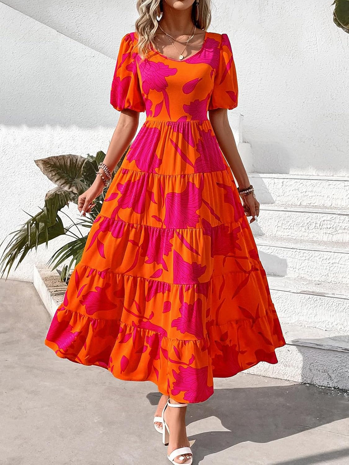 PRETTYGARDEN Puff Short Sleeve Cewneck Floral Long Fall Dresses for Women 2025 Flowy Tiered Hem Maxi Wedding Guest Dress - Image 2