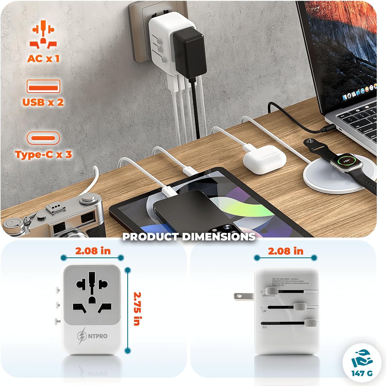 6 in 1 Universal Travel Adapter-10A | International Power Adapter with 3 USB C, 2 USB A Ports | 2500W Fast Portable Charger | Travel Adapter Worldwide Covering 200+ Countries- White - Image 8