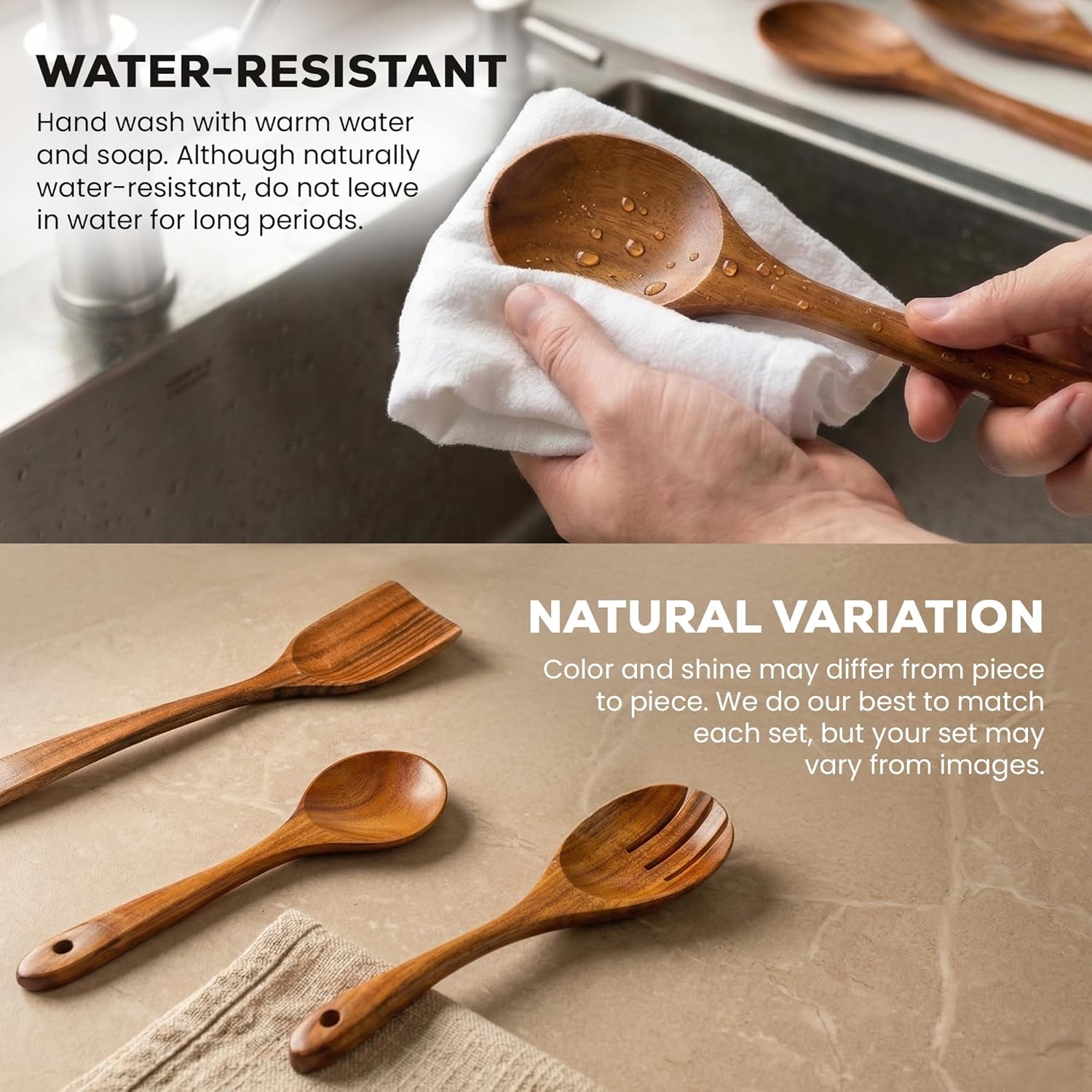 Zulay Kitchen 6 Piece Wooden Spoons for Cooking – Natural Teak Wooden Utensil Set, Easy to Clean, Durable, Smooth with Comfort Grip - Non Toxic Wooden Cooking Utensil Sets - Image 5