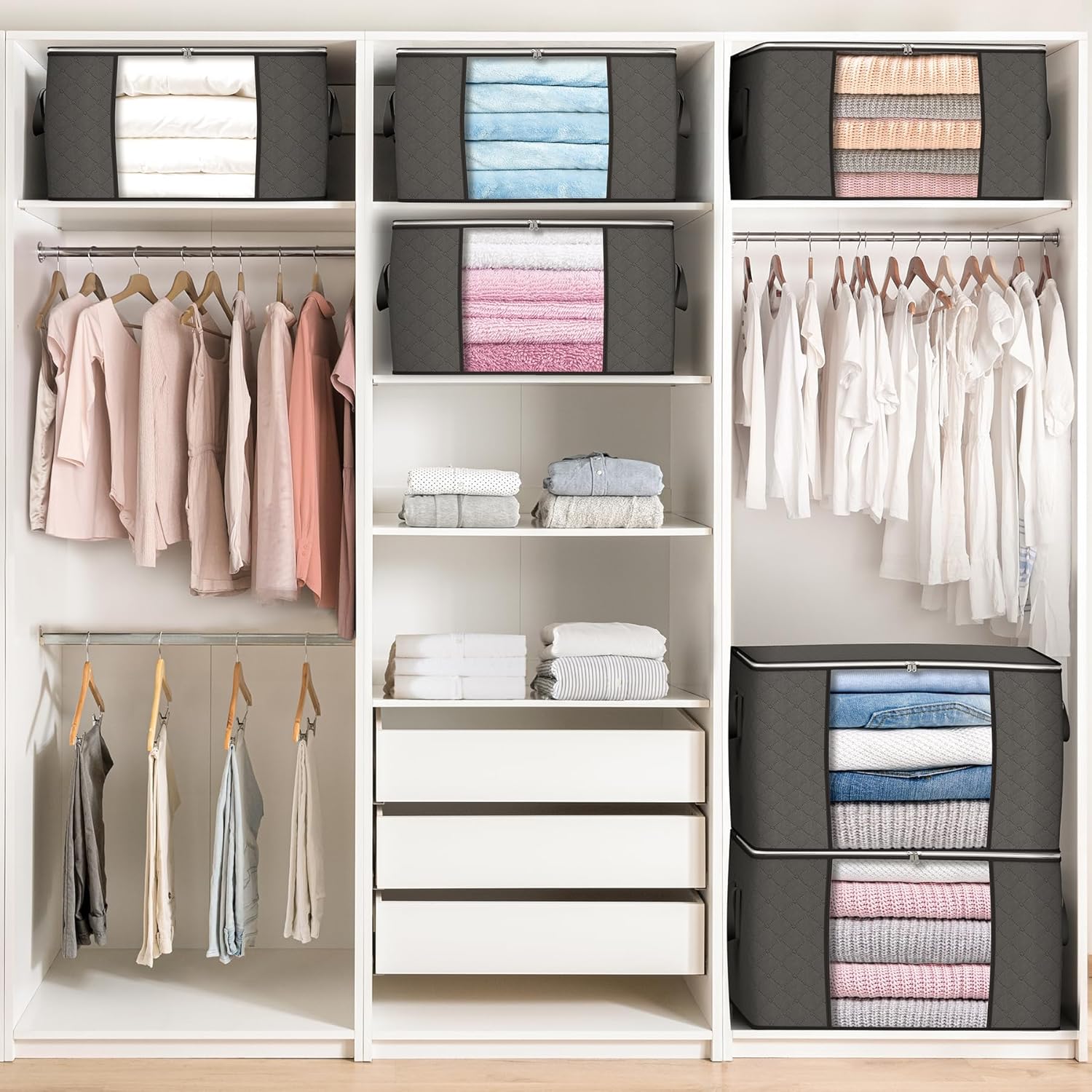 90 L Large Storage Bags, 6 Pack Clothes Storage Bins Foldable Closet Organizers Storage Containers with Reinforced Handle for Clothing, Blanket, Comforters, Bed Sheets, Pillows and Toys (Gray) - Image 5