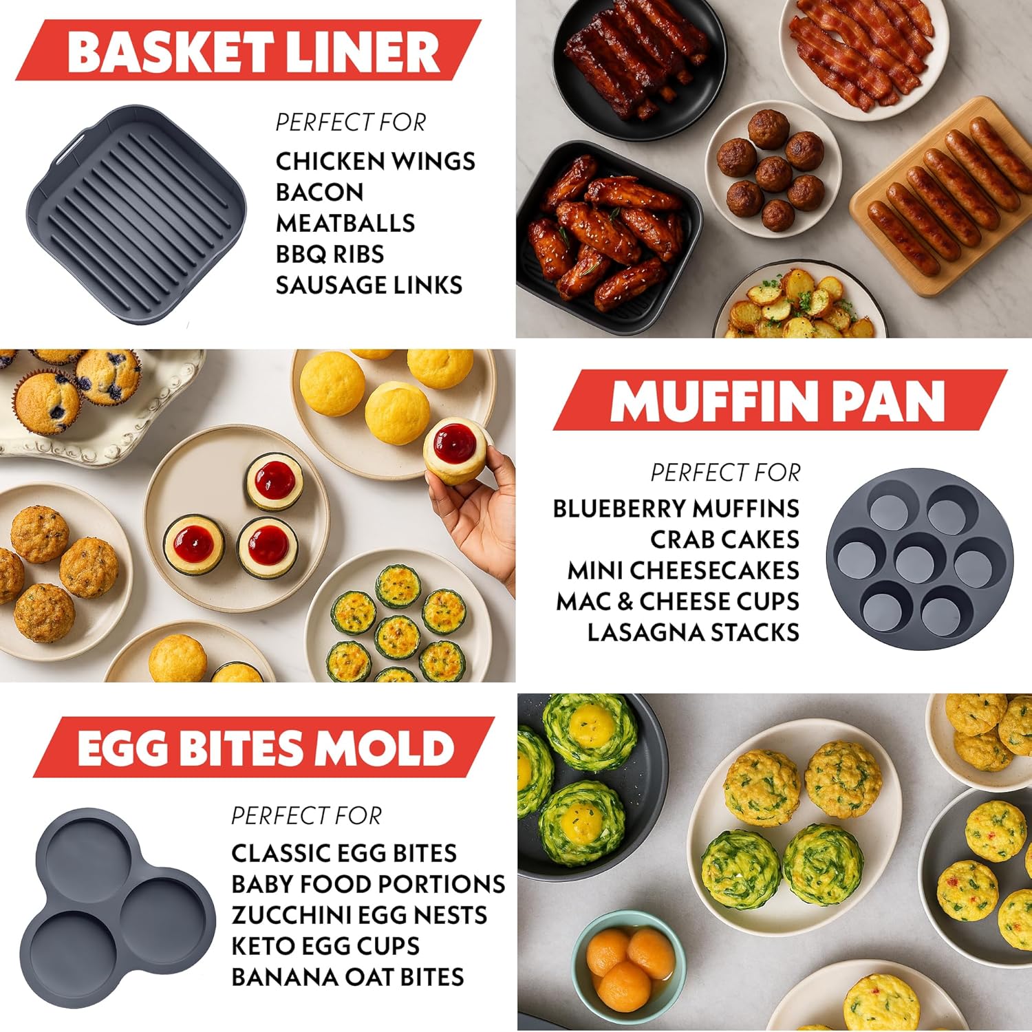Gourmia Air Fryer Accessories Set - 3 Piece Silicone, Liner, Egg Bite Cooker, 7-Hole Cupcake Mold, BPA-Free, Nonstick, Heat Resistant 445°F, Dishwasher Safe, Food Grade - Image 2