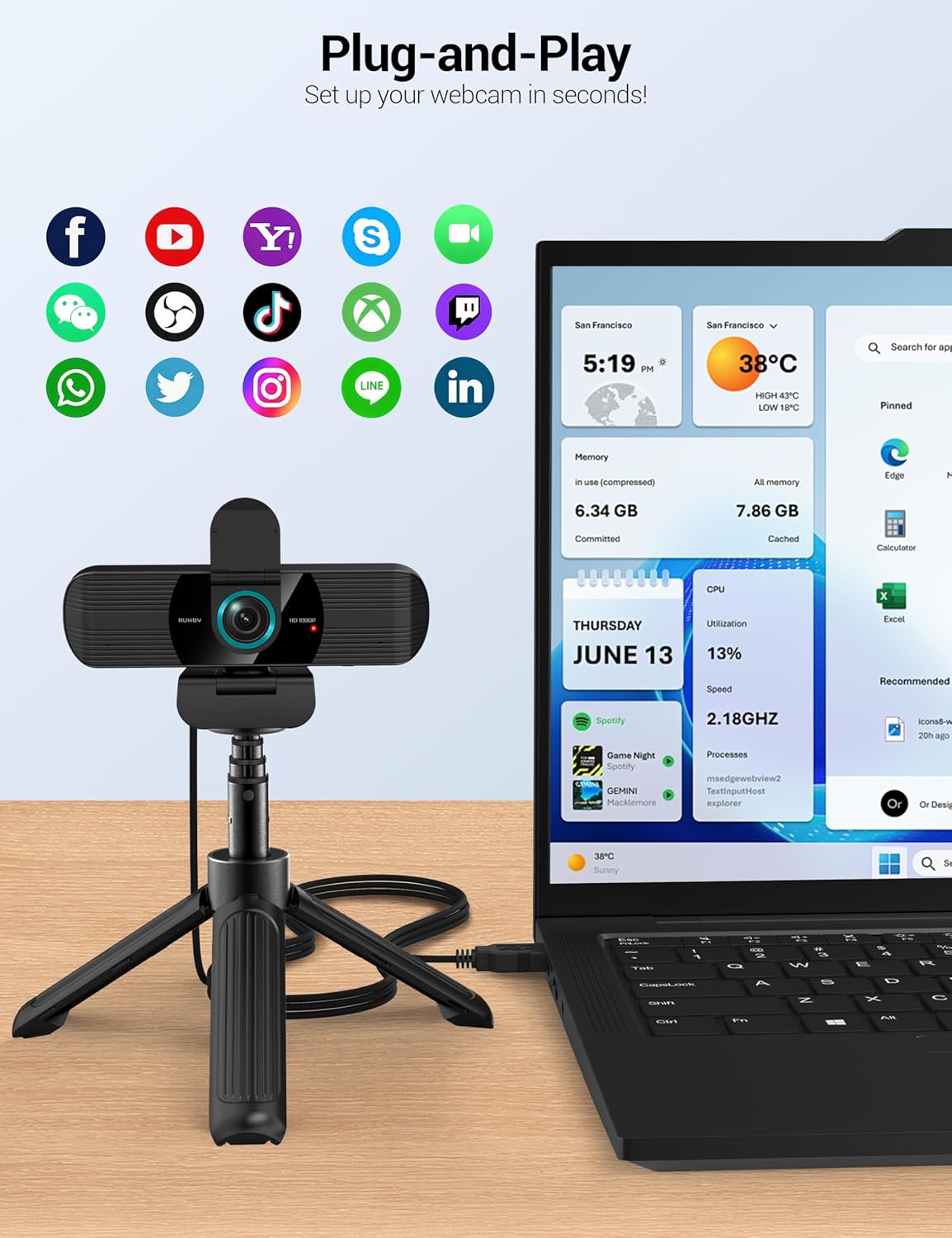 RUWBY Full HD 1080P Webcam with Built-in Dual Mics, Wide-Angle Lens, Privacy Cover, Tripod Stand, Autofocus Computer Camera, Plug and Play for Desktop PC or Laptop - Image 3