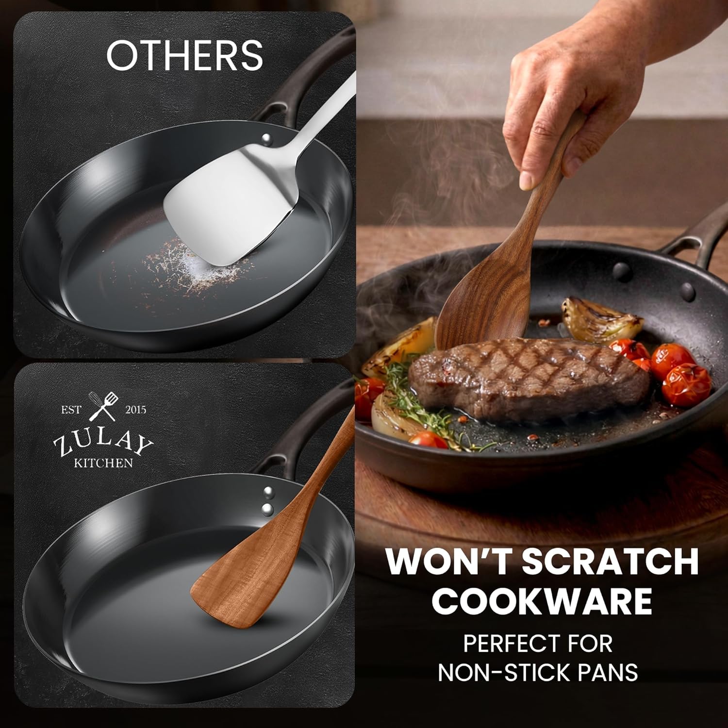 Zulay Kitchen 6 Piece Wooden Spoons for Cooking – Natural Teak Wooden Utensil Set, Easy to Clean, Durable, Smooth with Comfort Grip - Non Toxic Wooden Cooking Utensil Sets - Image 9