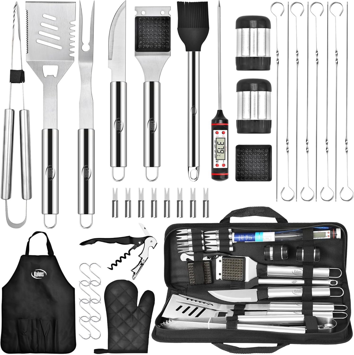 Kaluns Grilling Accessories, Dad Gifts for Fathers Day, Heavy Duty Stainless Steel Grill Set BBQ Grill Accessories for Outdoor Grill with Meat Thermometer, Case and Apron