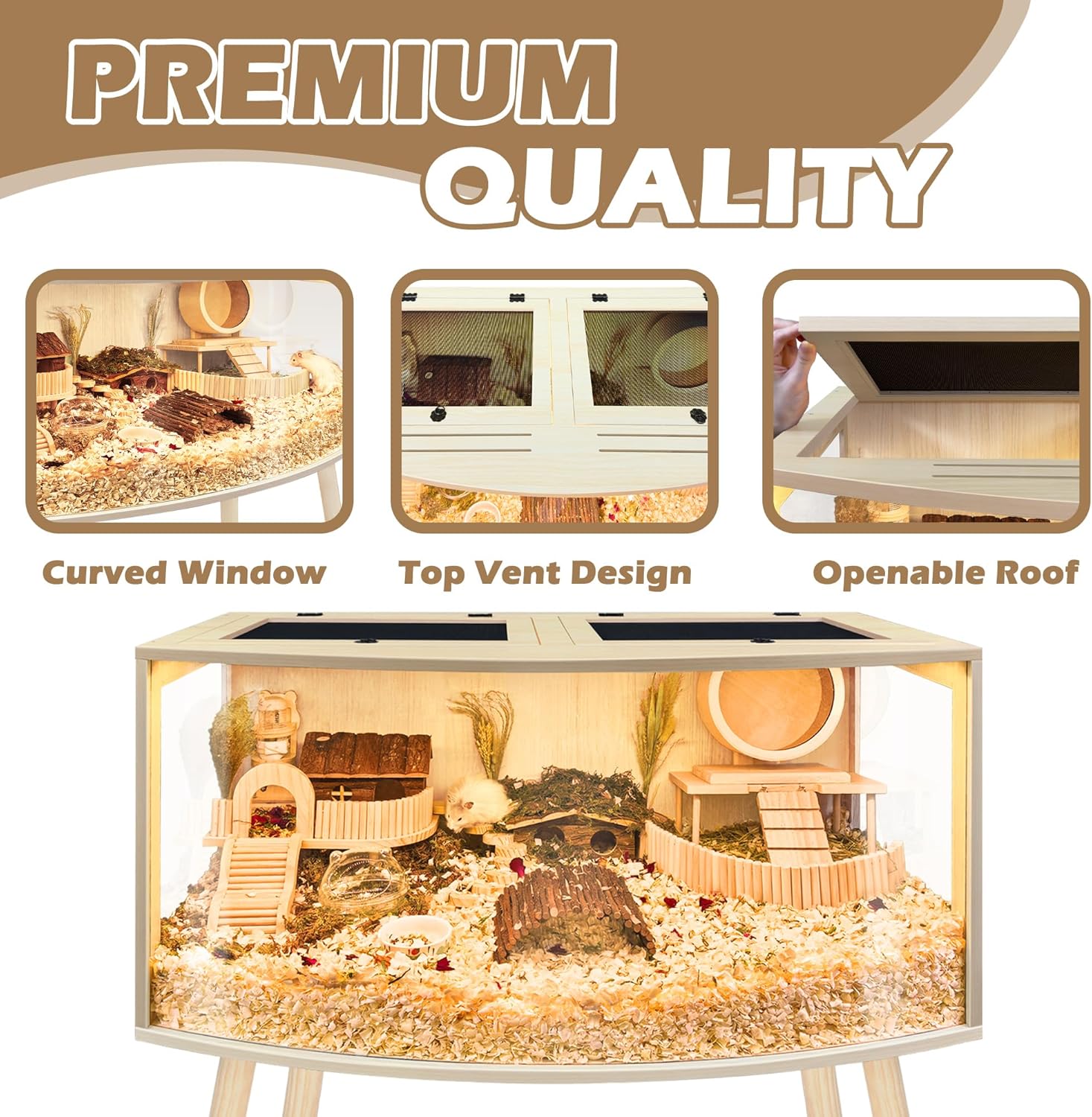 Prolee Hamster Cage with Curved Design,Chew Proof Wooden Hamsters Enclosure with Leg Stand and Openable Top or Gerbils,Hamster Habitat (32"x16"x16") - Image 4