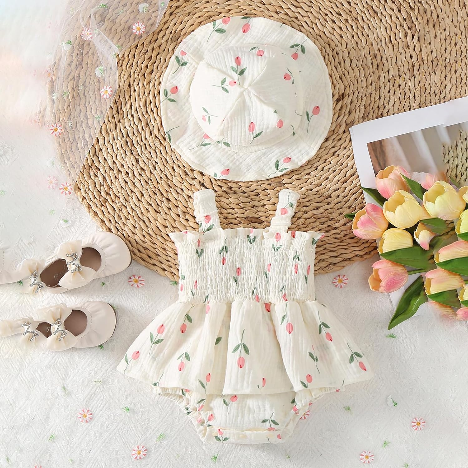Mubineo Baby Girl Clothes Summer Dress Cotton Linen Romper Sleeveless Smocked Rompers Sun Dress Hat Skirt Boho Outfits - Image 3