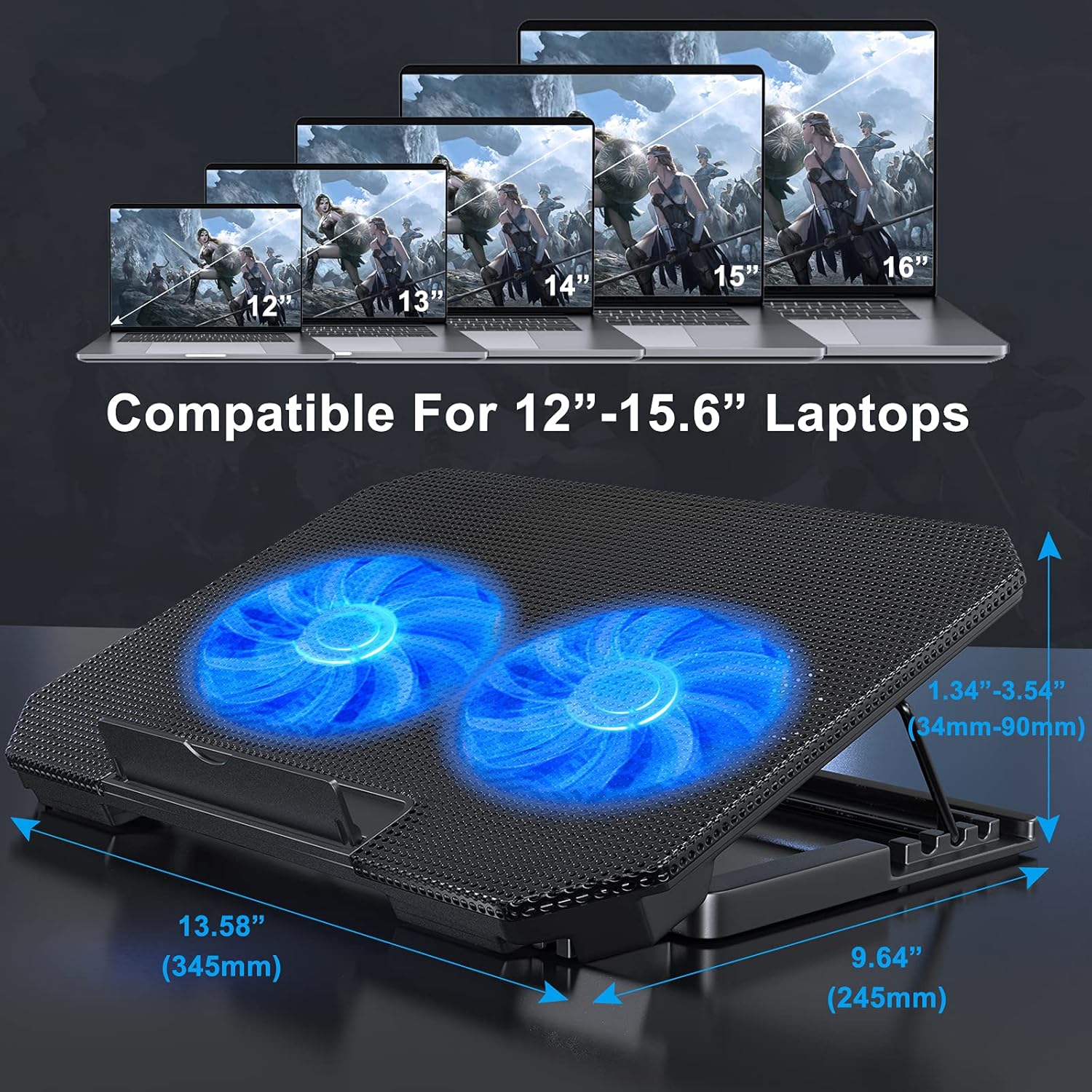LIENS Laptop Cooling Pad with Adjustable Height Two 5.1 Inches Fan 2 USB Ports Suitable for 12"-15.6" Laptops(Black) - Image 6