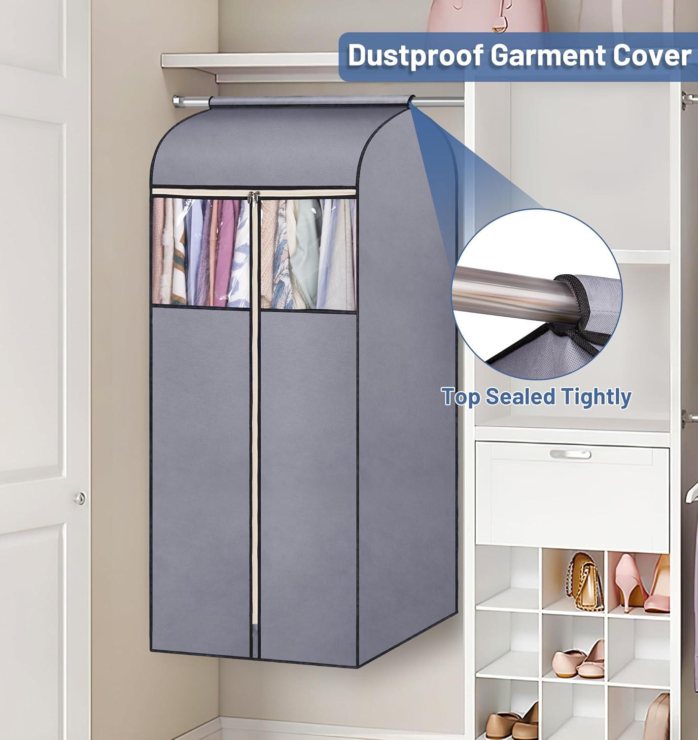 SLEEPING LAMB 54'' Hanging Garment Bags for Closet Storage Sealed Completely Jackets Coats Suits Clothes Rack Cover for Wardrobe with Clear PVC Window, 2 Packs, Grey(Hanging Rod Not Included) - Image 3