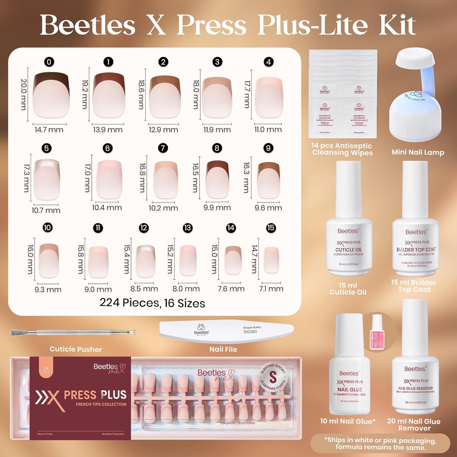 Beetles Press On Nails Kit-Mocca Mousse French | 7 Colors Short Square French Tip Press On Nails | 224Pcs 16 Sizes All-in-One Kit Nails With Nail Glue,Remover,Builder Top Coat,Nail Lamp - Image 6