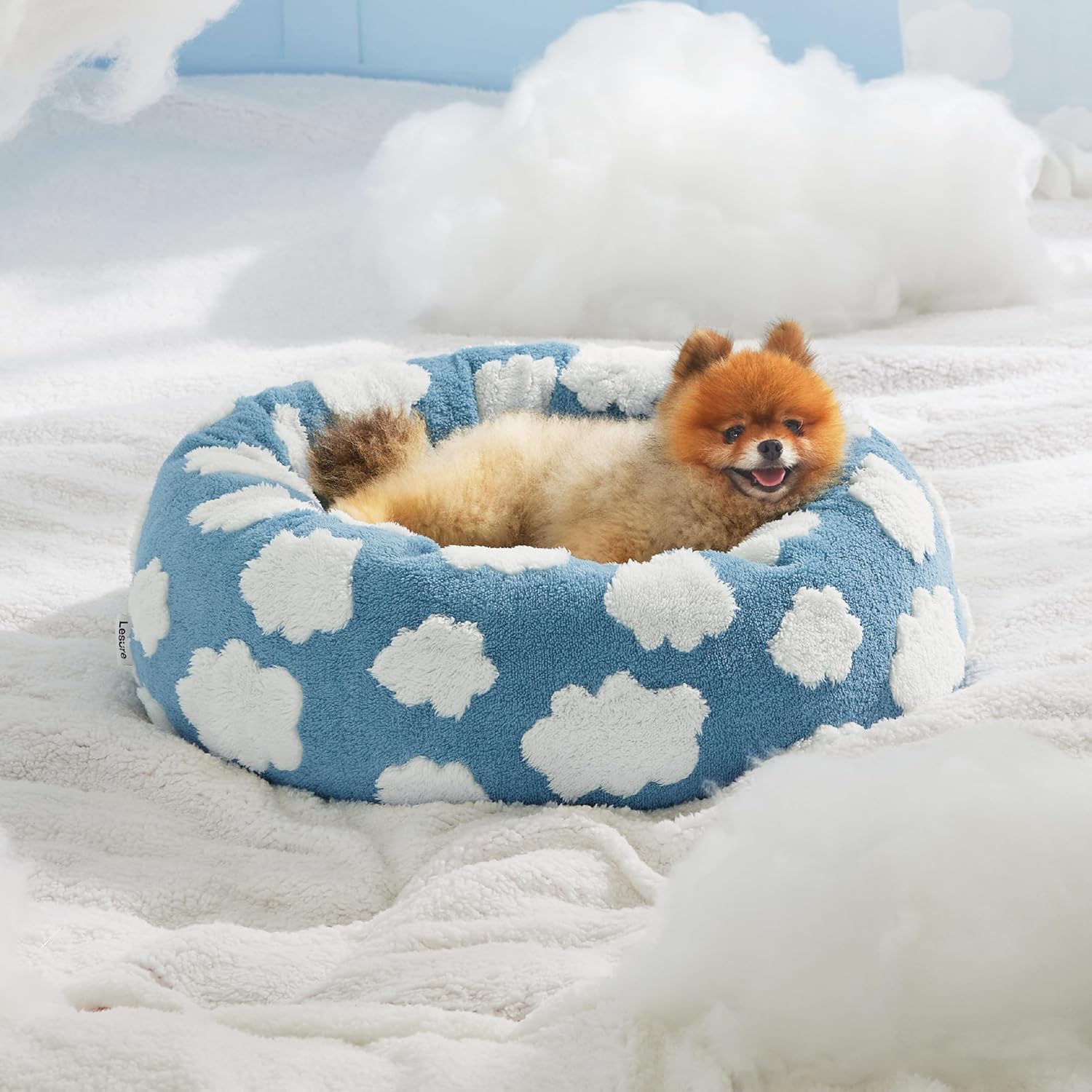 LE SURE Shown on TV Donut Dog Beds for Small Dogs - Calming Cat Sofa as Bed Gift for Indoor Cats with Washable Cover, Round Home Decor Cute Pet Beds with Jacquard Shaggy Plush, 23 Inch, Blue - Image 7