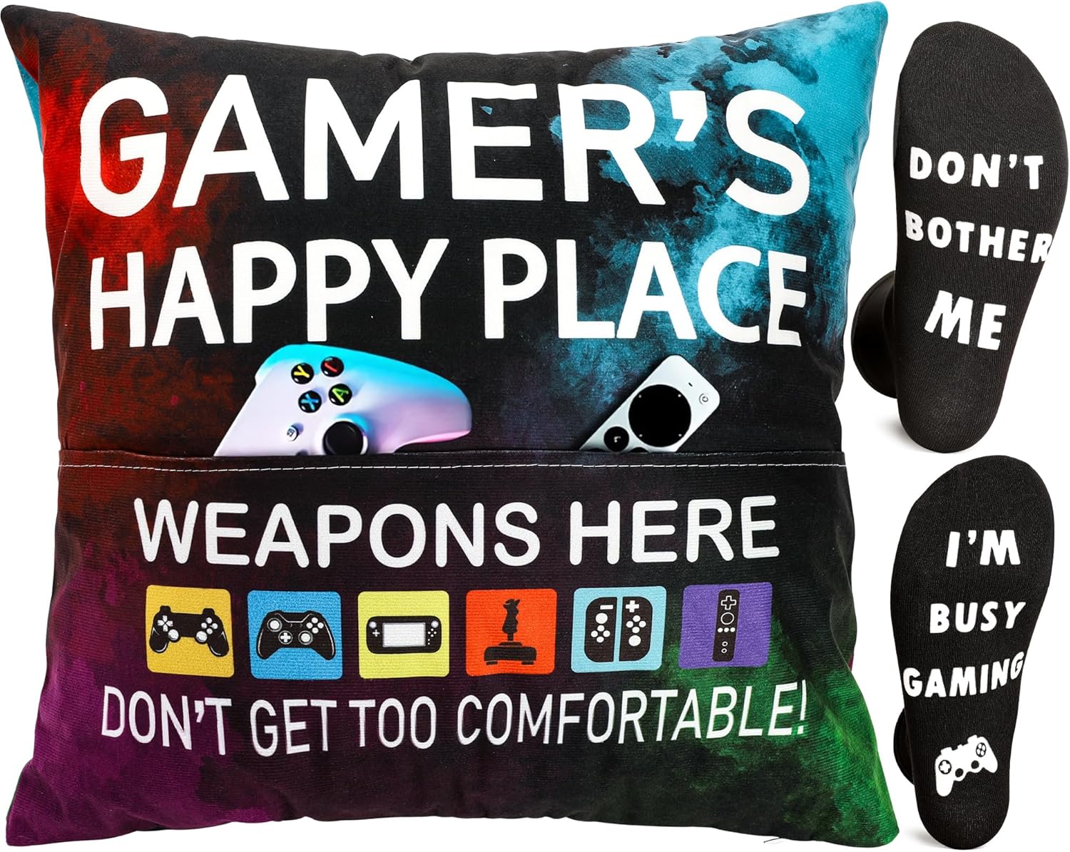 OCCdesign Gamer Gifts for Teenage Boys Men, Gaming Room Decoration, Gamer Pillow Cover and Game Socks Gifts Set, Christmas Stocking Stuffers Ideas for Teens Boys Girls Men Father Boyfriends 18" x 18"
